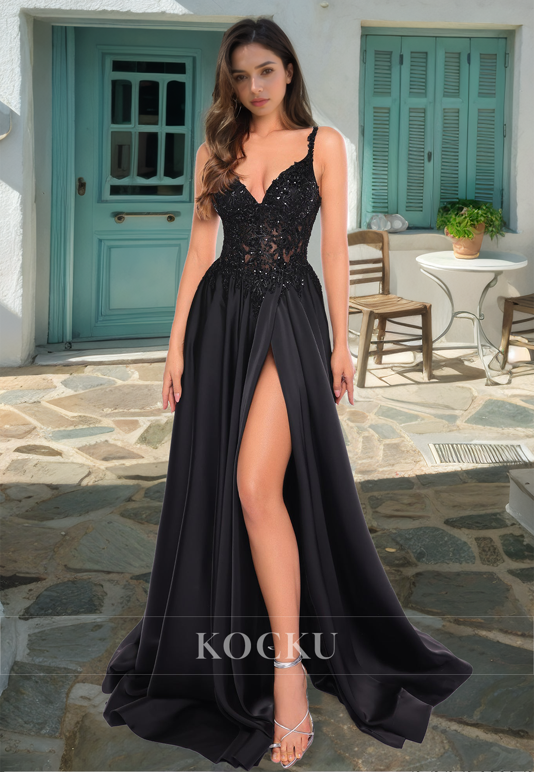 A-Line V-Neck Spaghetti Straps High Split Train Pleated Satin Evening Prom Dress with Appliques