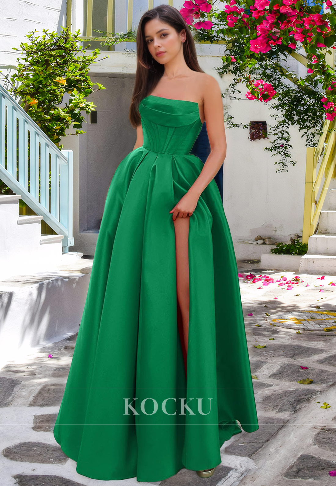 Tube Top A-Line Sleeveless Stripe Pleated Satin Long Prom Dress with Slit Formal Gown