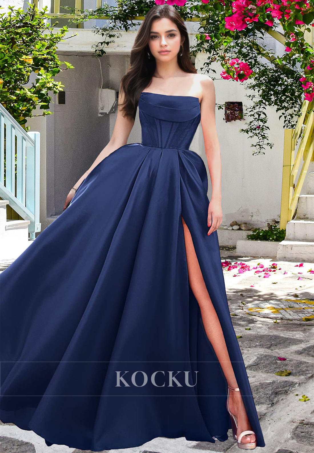 Tube Top A-Line Sleeveless Stripe Pleated Satin Long Prom Dress with Slit Formal Gown