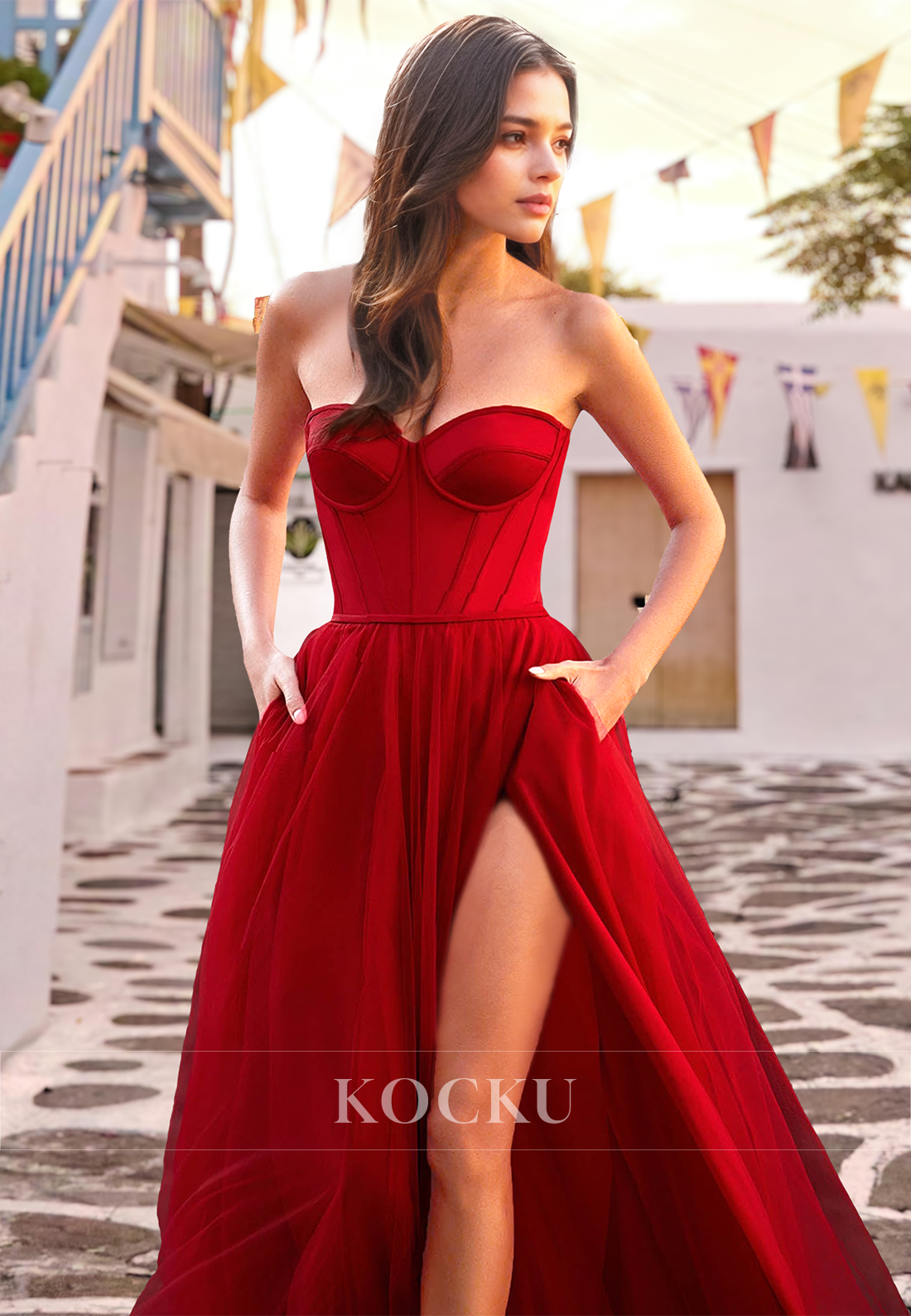 Charming A-Line Sweetheart Sleeveless Stripe Pleated Long Lace Evening Prom Dress with Slit