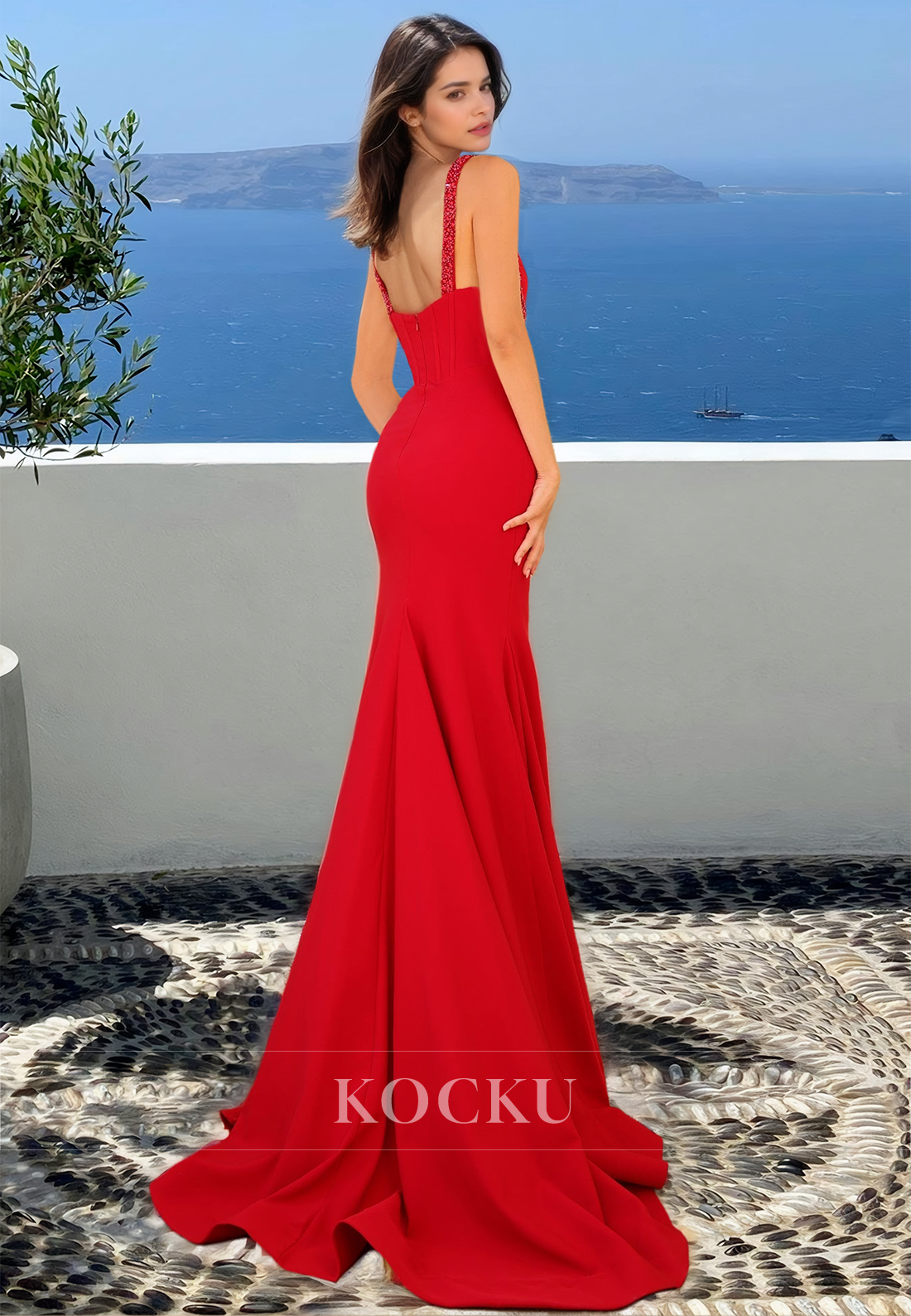 Beaded Sweetheart Straps Prom Dress Sleeveless Sweep Train Satin Party Dress with Slit