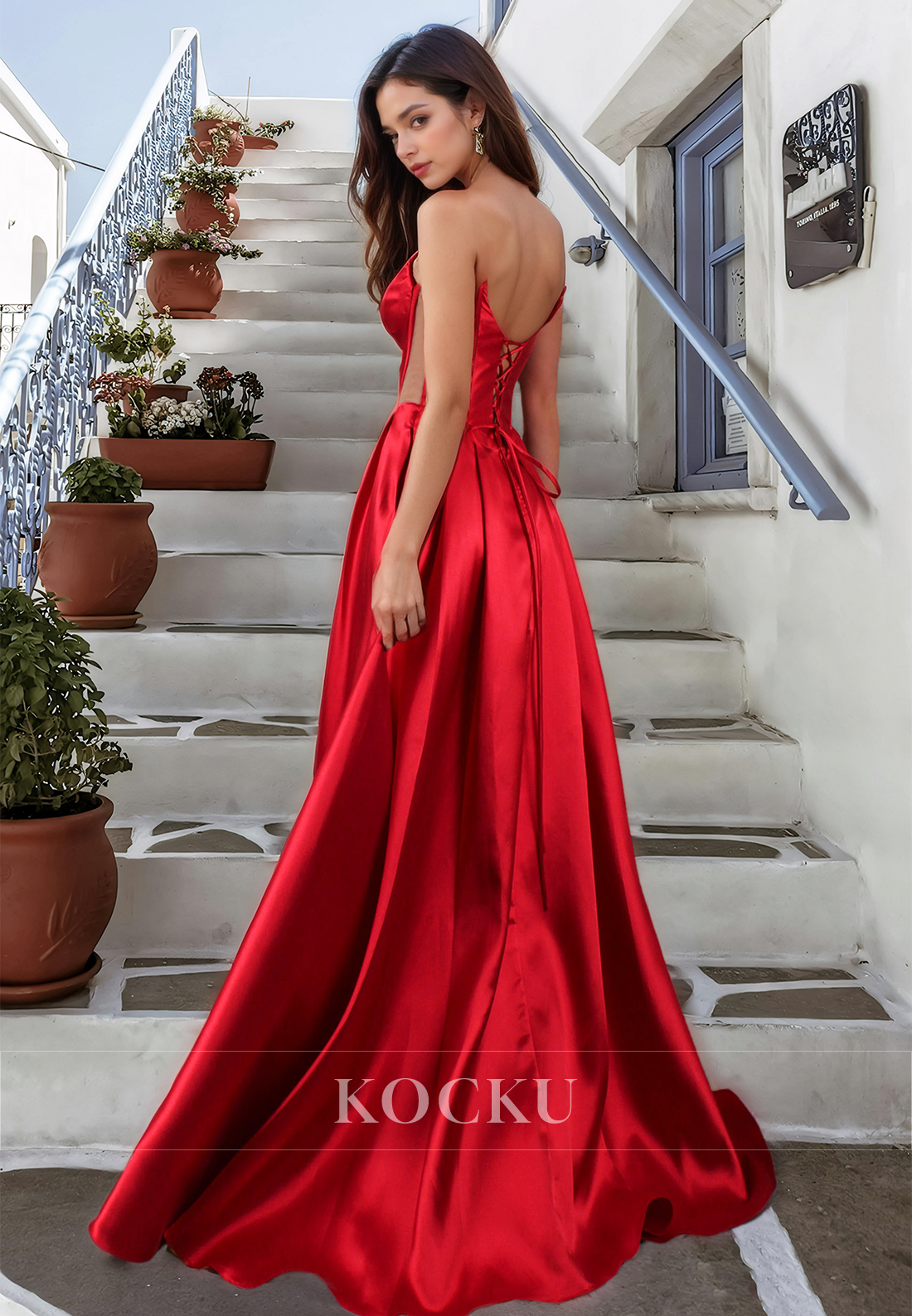 Sexy A-Line Sweetheart Sleeveless Stripe Side Slit Satin Pleats Prom Dress with Train Party Dress