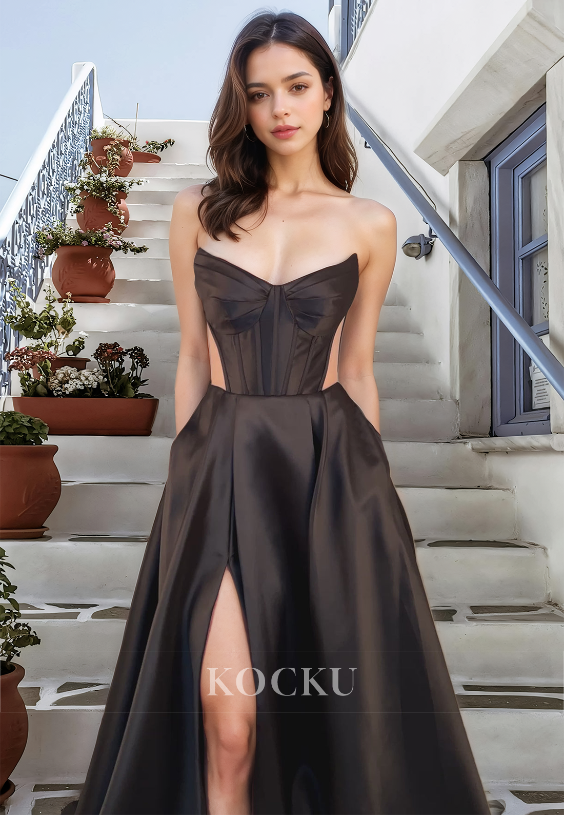 Sexy A-Line Sweetheart Sleeveless Stripe Side Slit Satin Pleats Prom Dress with Train Party Dress