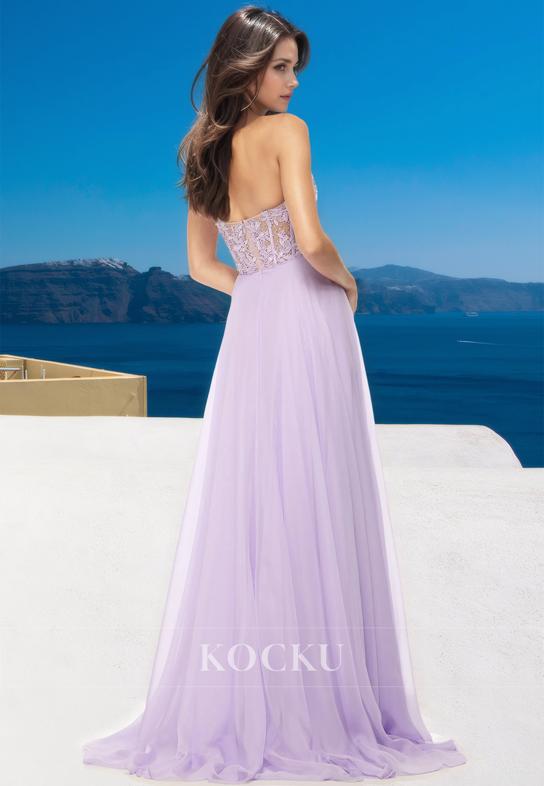 Elegant A-Line V-Neck Sleeveless Side Slit Stripe Lace Beaded Prom Formal Dress with Appliques