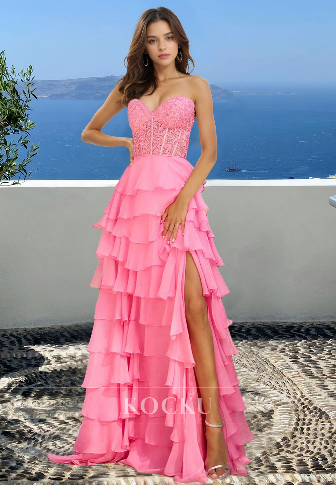 Vintage A-Line Sweetheart Sleeveless Side Slit Appliques Lace Pleats Prom Evening Dress with Beads
