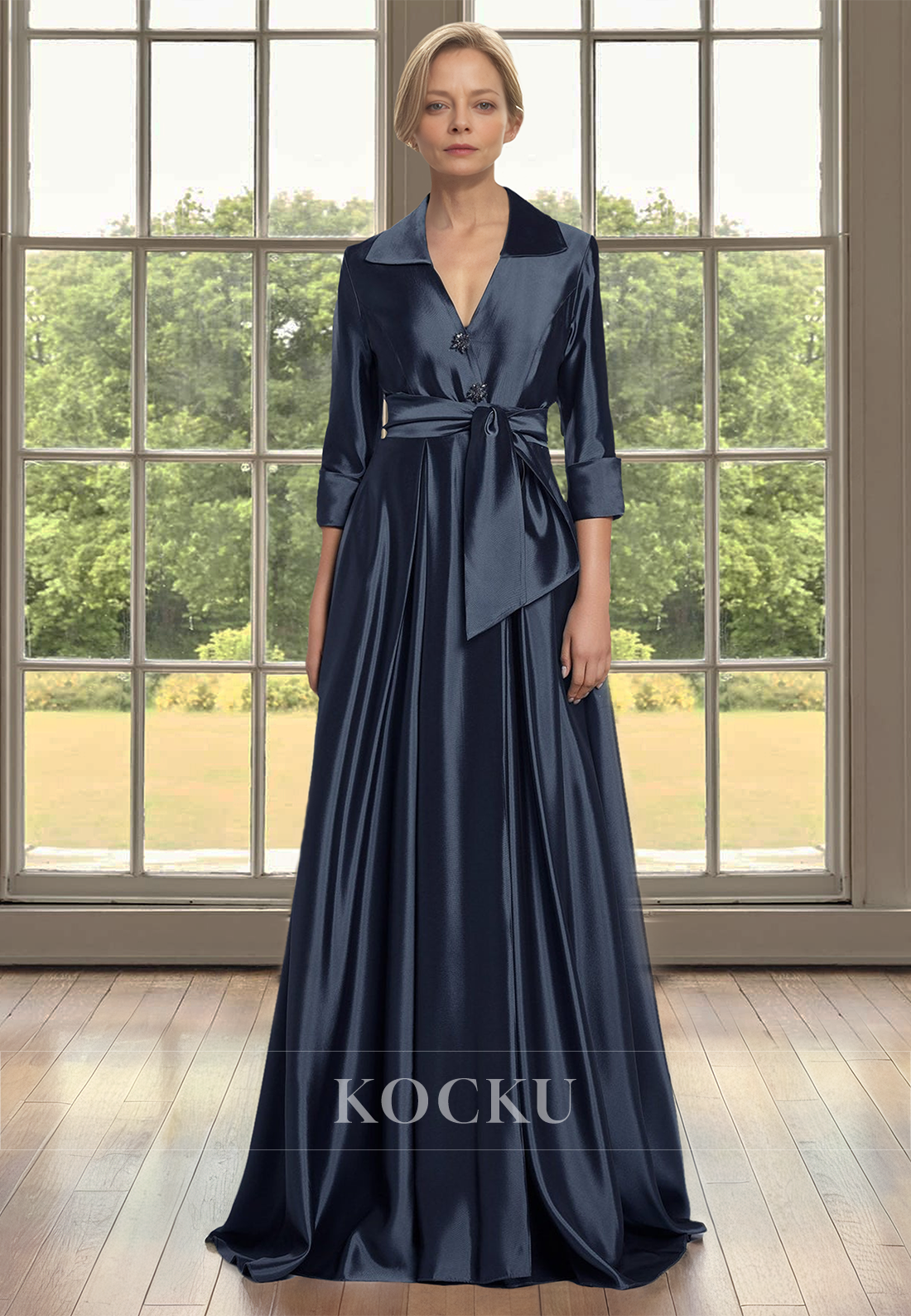 A-Line V-Neck Sleeves Pleated Satin Mother of Bride Dress with Beads Cocktail Dress