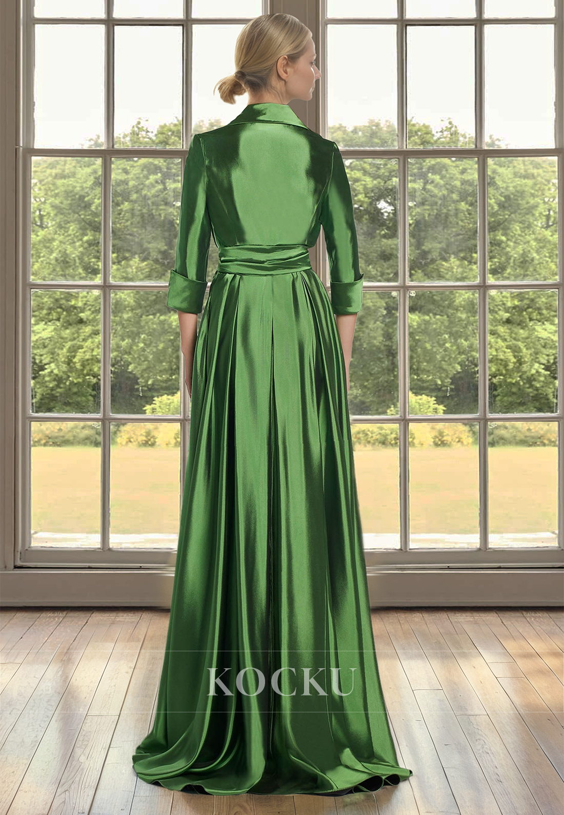 A-Line V-Neck Sleeves Pleated Satin Mother of Bride Dress with Beads Cocktail Dress