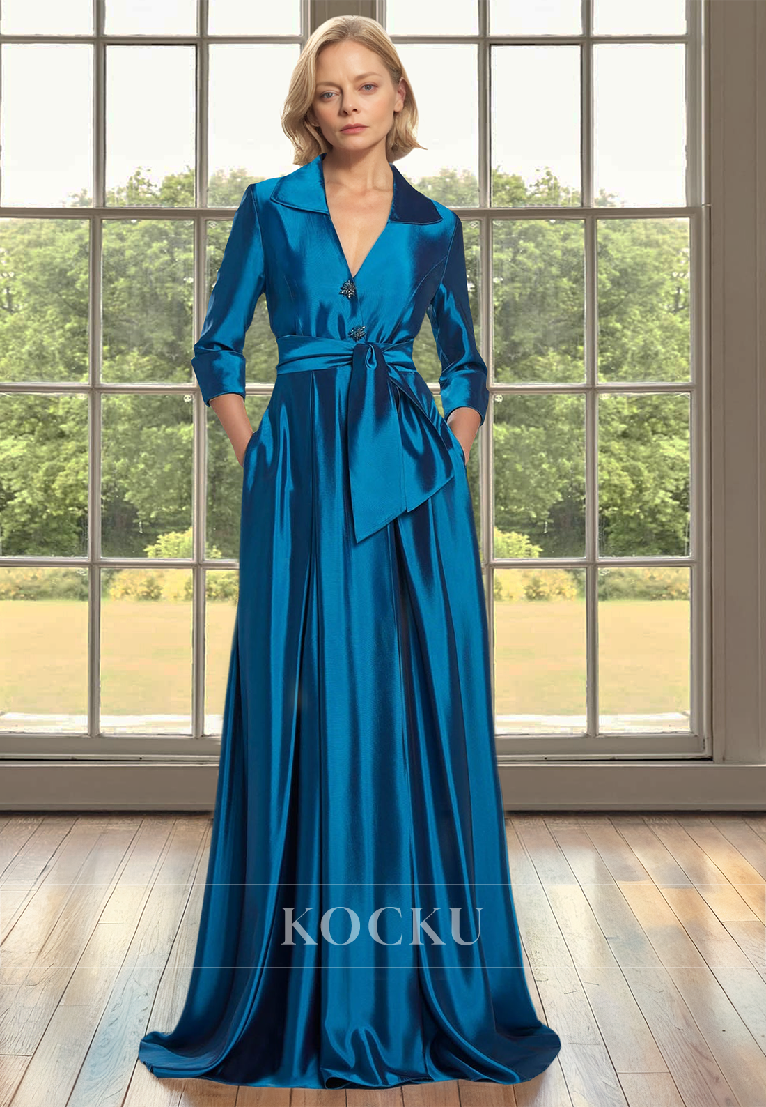 A-Line V-Neck Sleeves Pleated Satin Mother of Bride Dress with Beads Cocktail Dress
