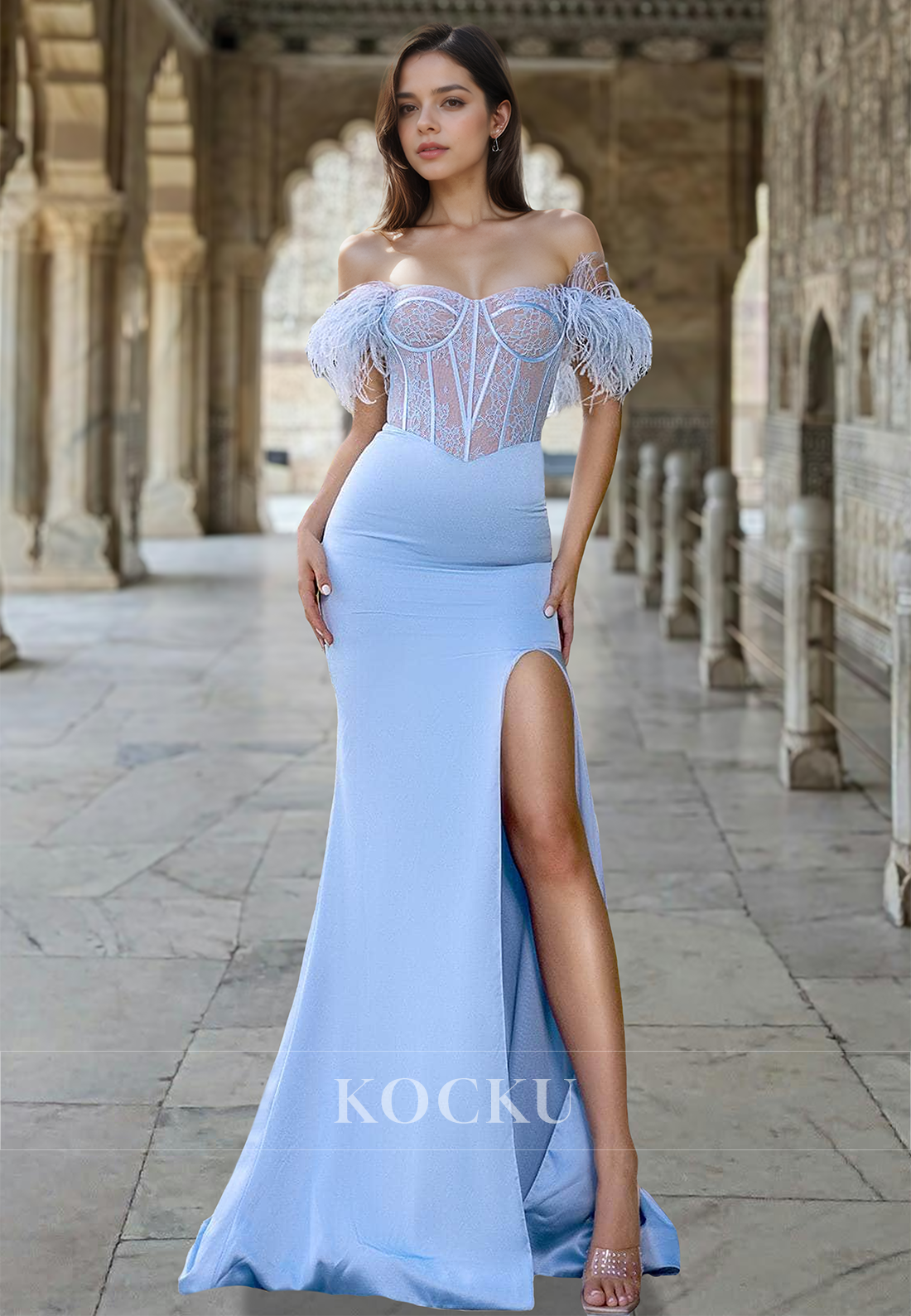 Sweetheart Sheath Stripe Side Slit Train Sleeveless Long Prom Formal Dress with Feather