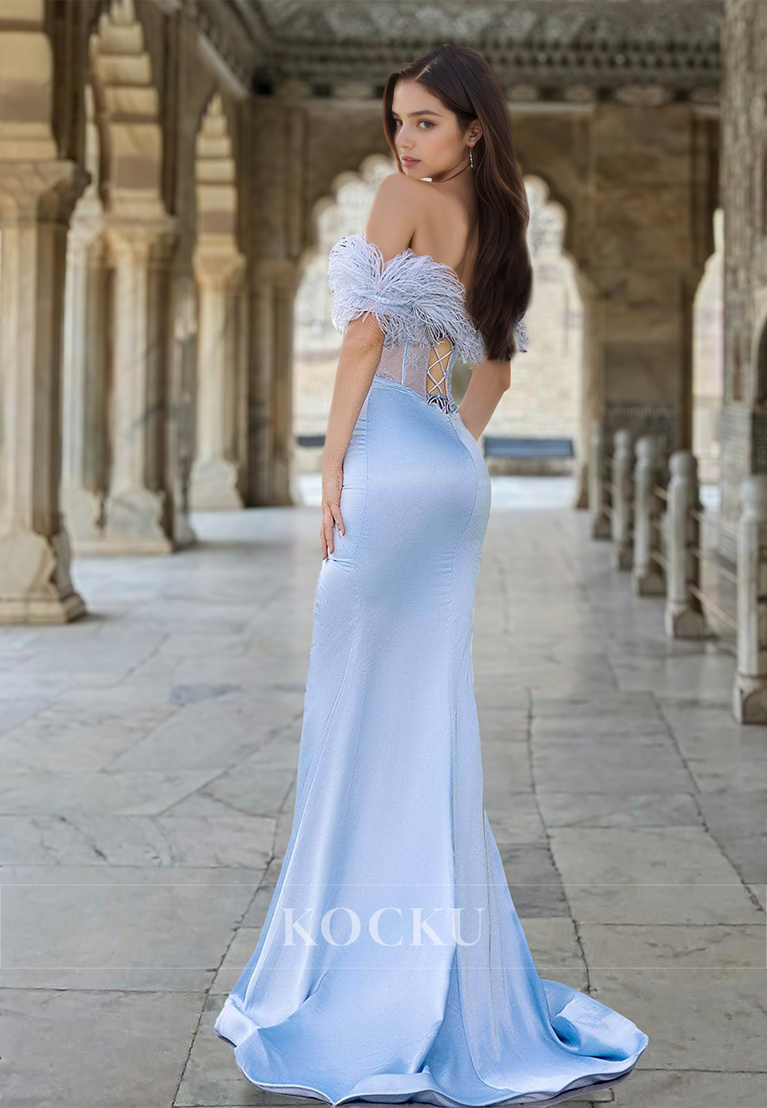 Sweetheart Sheath Stripe Side Slit Train Sleeveless Long Prom Formal Dress with Feather