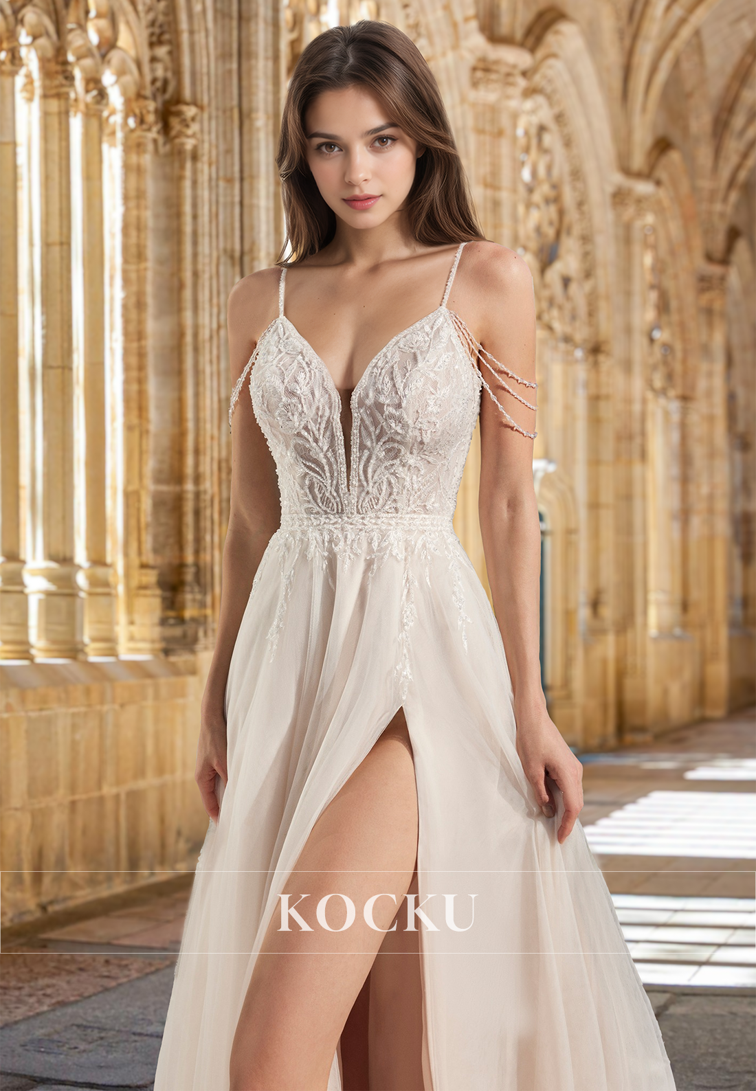 Plunging V-Neck Spaghetti Straps A-Line Appliques Lace Beach Wedding Dress Boho Gown with Slit