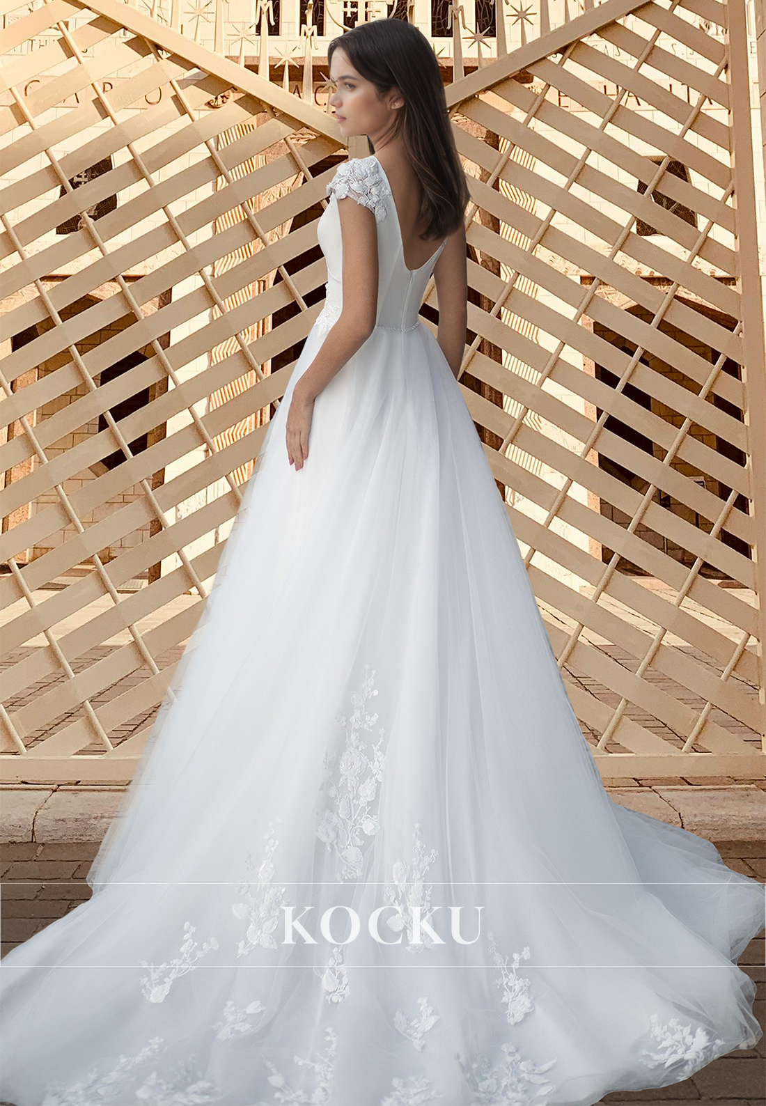 A-Line V-Neck Cap Sleeves Lace Brush Train Pleated Long Wedding Dress with Appliques
