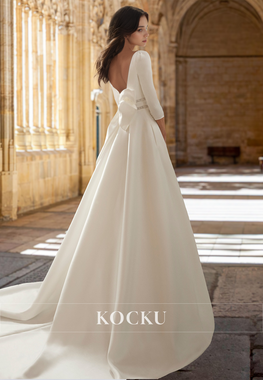 Square Neck Long Sleeves Satin A-Line Side Slit Bridal Wedding Dress Gown with Pockets