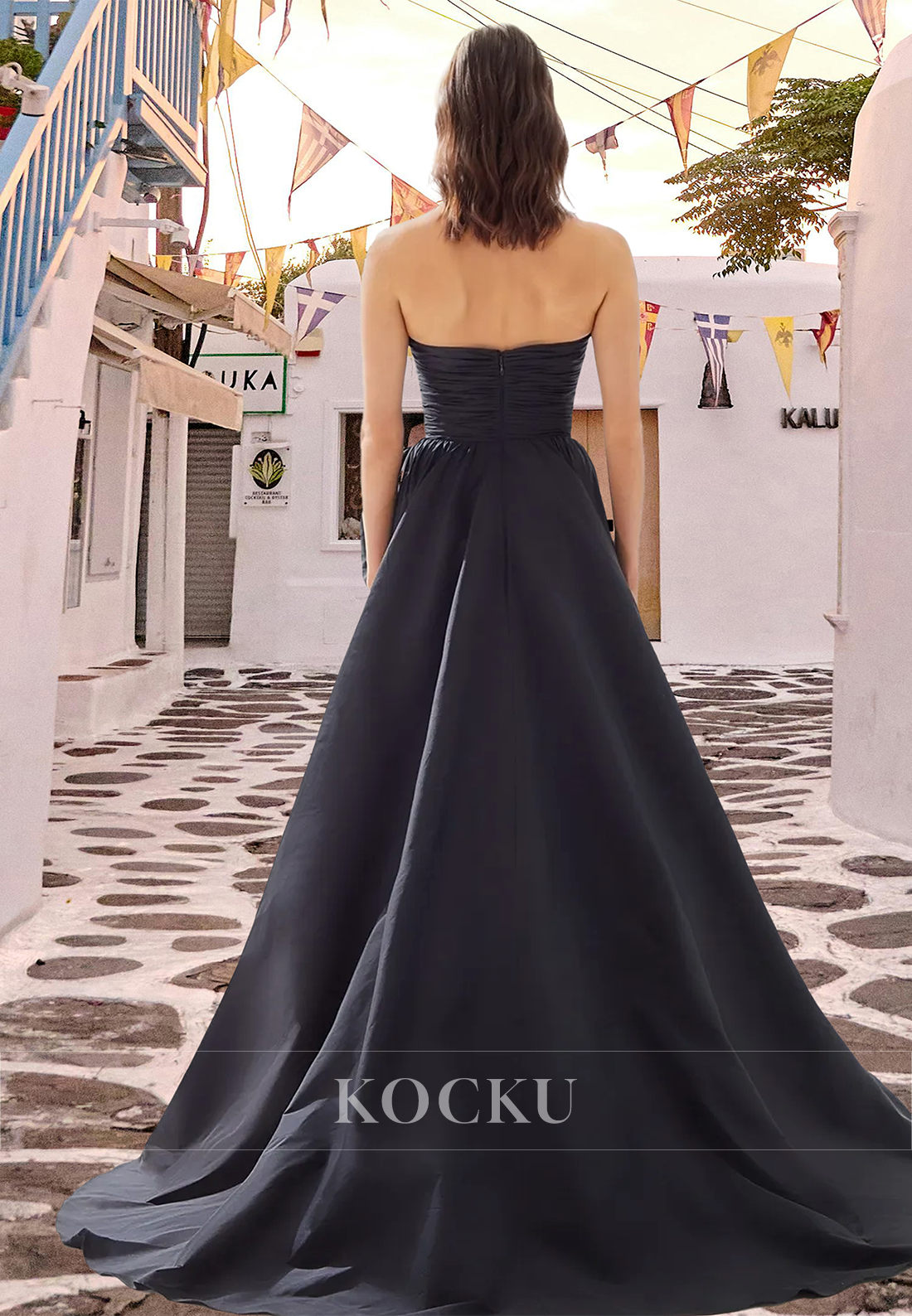 Tube Top A-Line Side Slit Train Sleeveless Ruched Satin Party Prom Dress with Floral