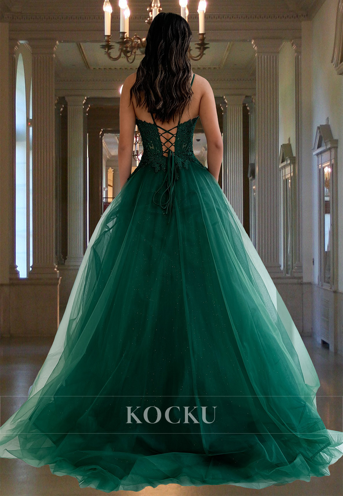 Beaded A-Line Spaghetti Straps High Slit Glitter Pleats Party Prom Dress with Appliques