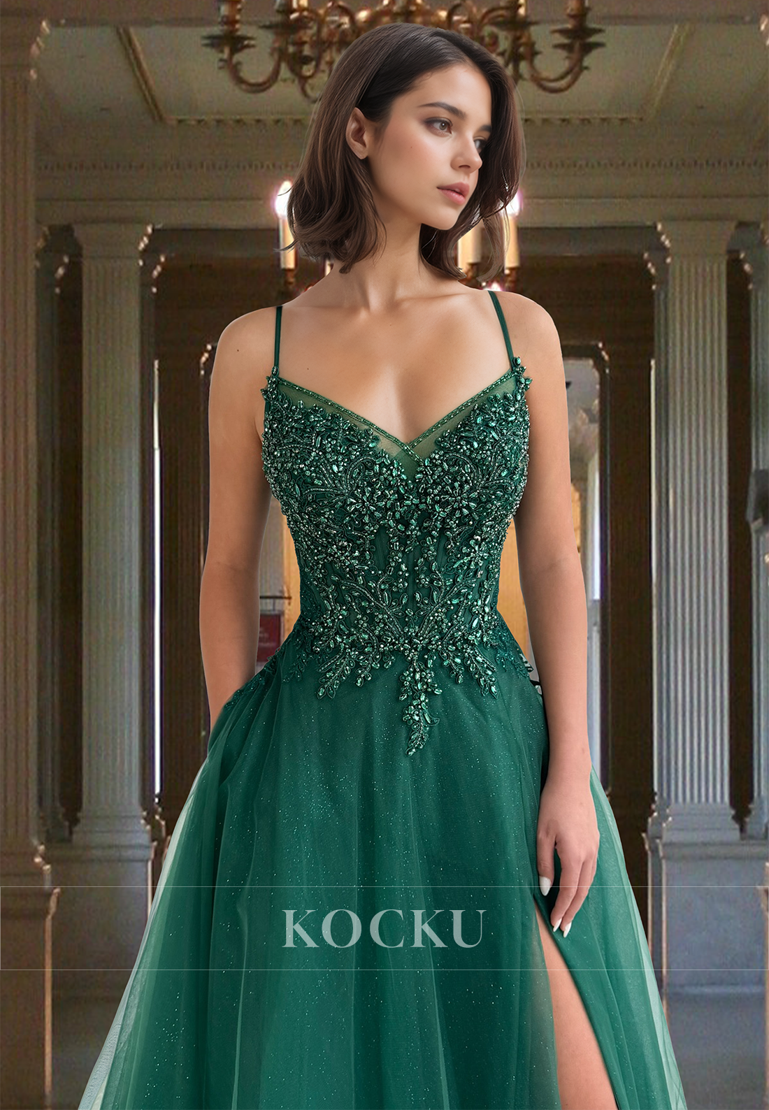 Beaded A-Line Spaghetti Straps High Slit Glitter Pleats Party Prom Dress with Appliques