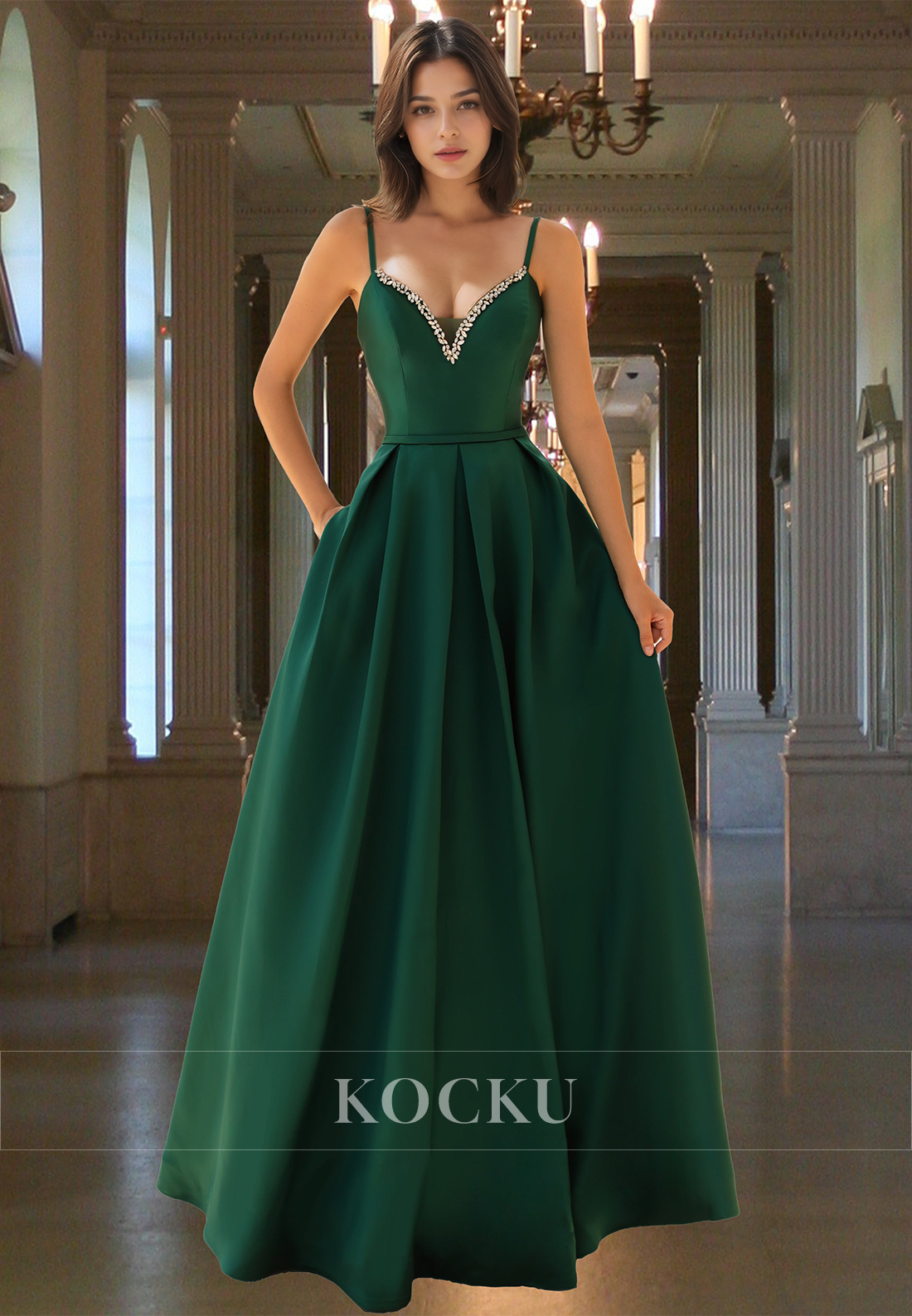Elegant A-Line Sweetheart Straps Satin Pleats Beaded Prom Dress with Gloves Formal Gown