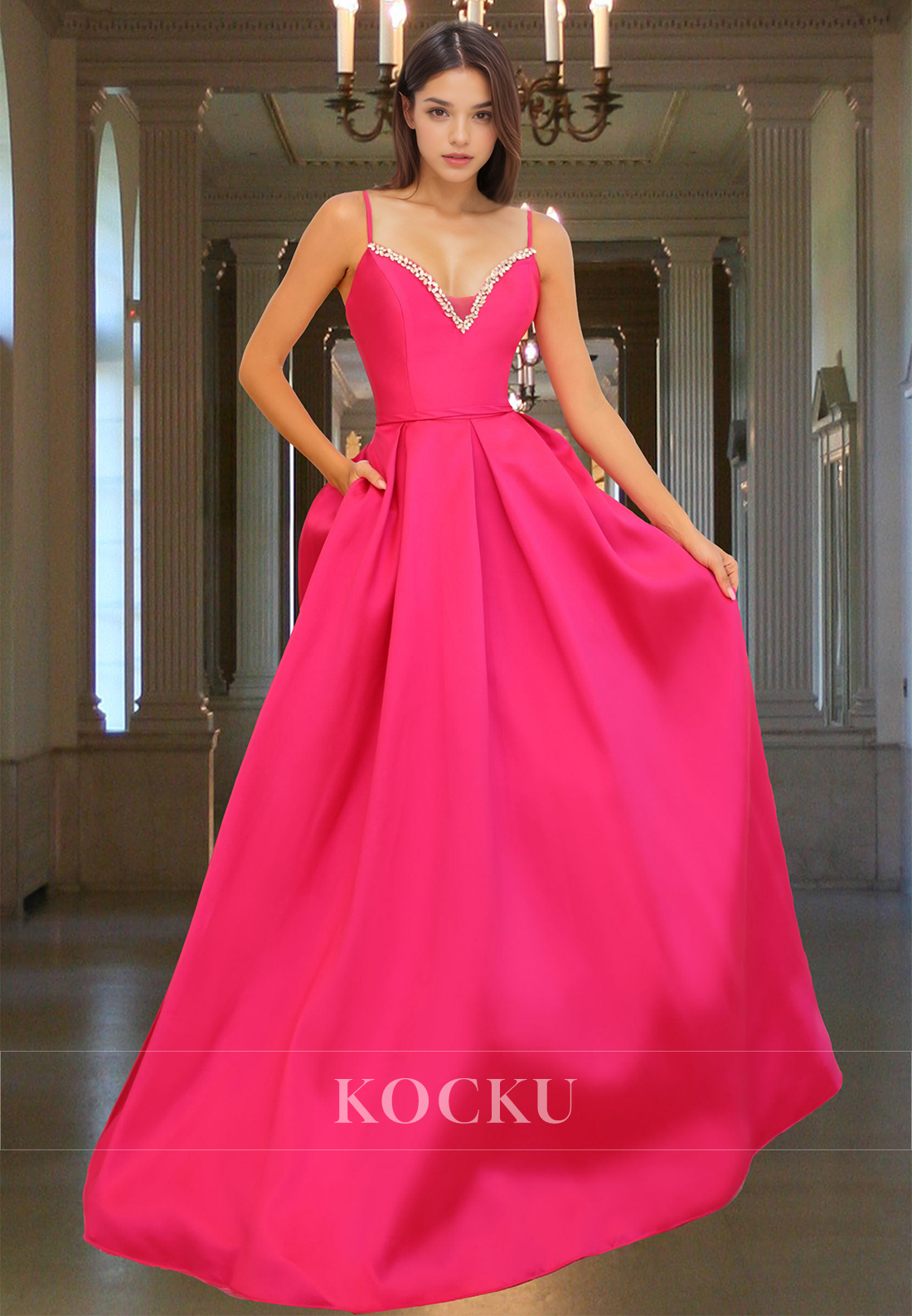 Elegant A-Line Sweetheart Straps Satin Pleats Beaded Prom Dress with Gloves Formal Gown