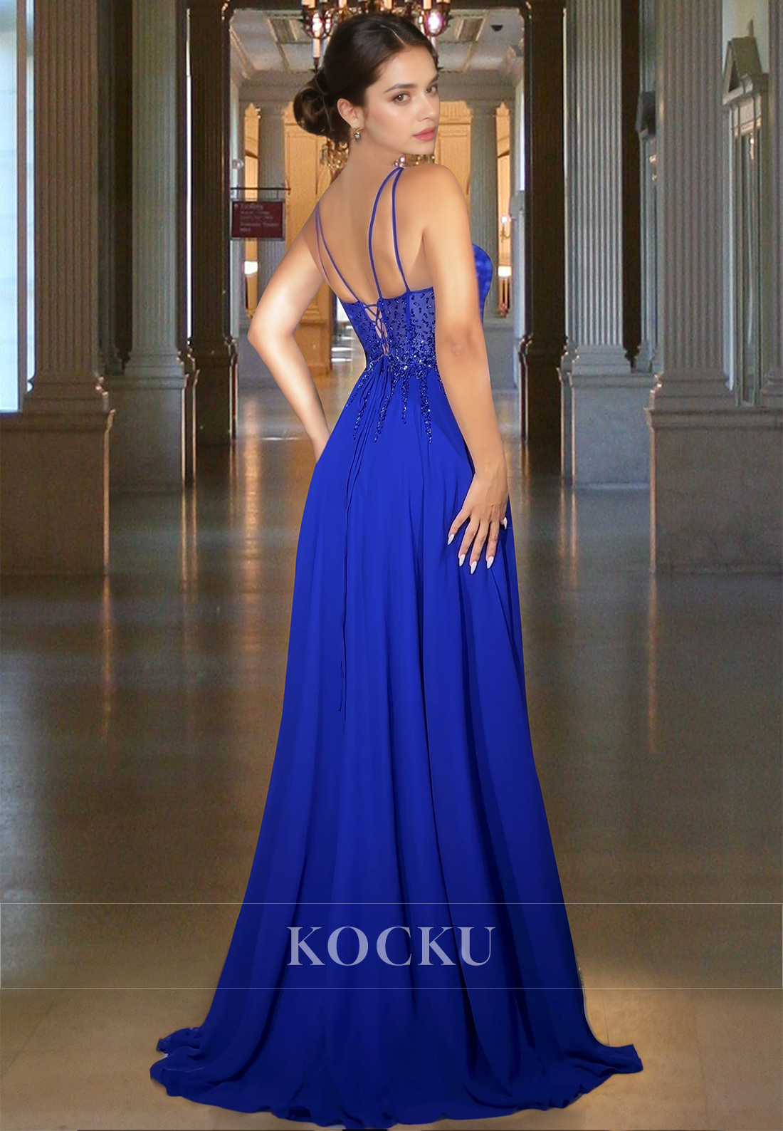 Beaded Royal Blue A-Line V-Neck Straps Appliques Long Party Prom Dress with Slit