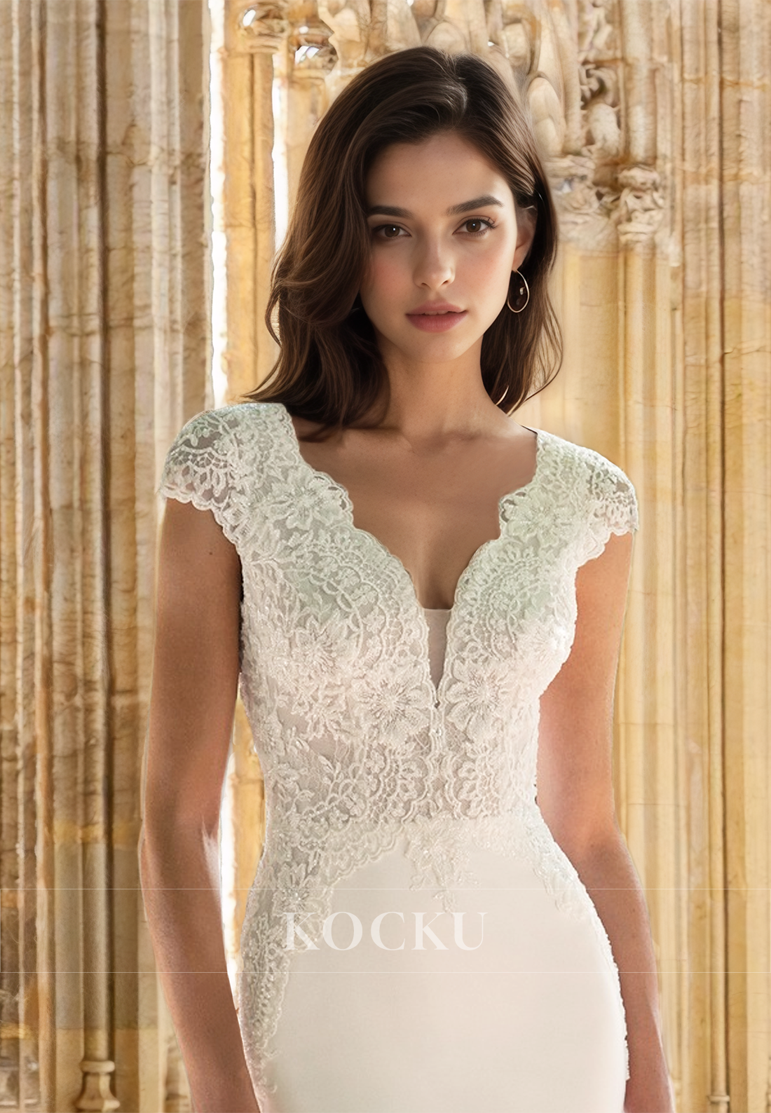 Luxurious Cap Sleeves V-Neck Mermaid Satin Train Wedding Dress with Appliques