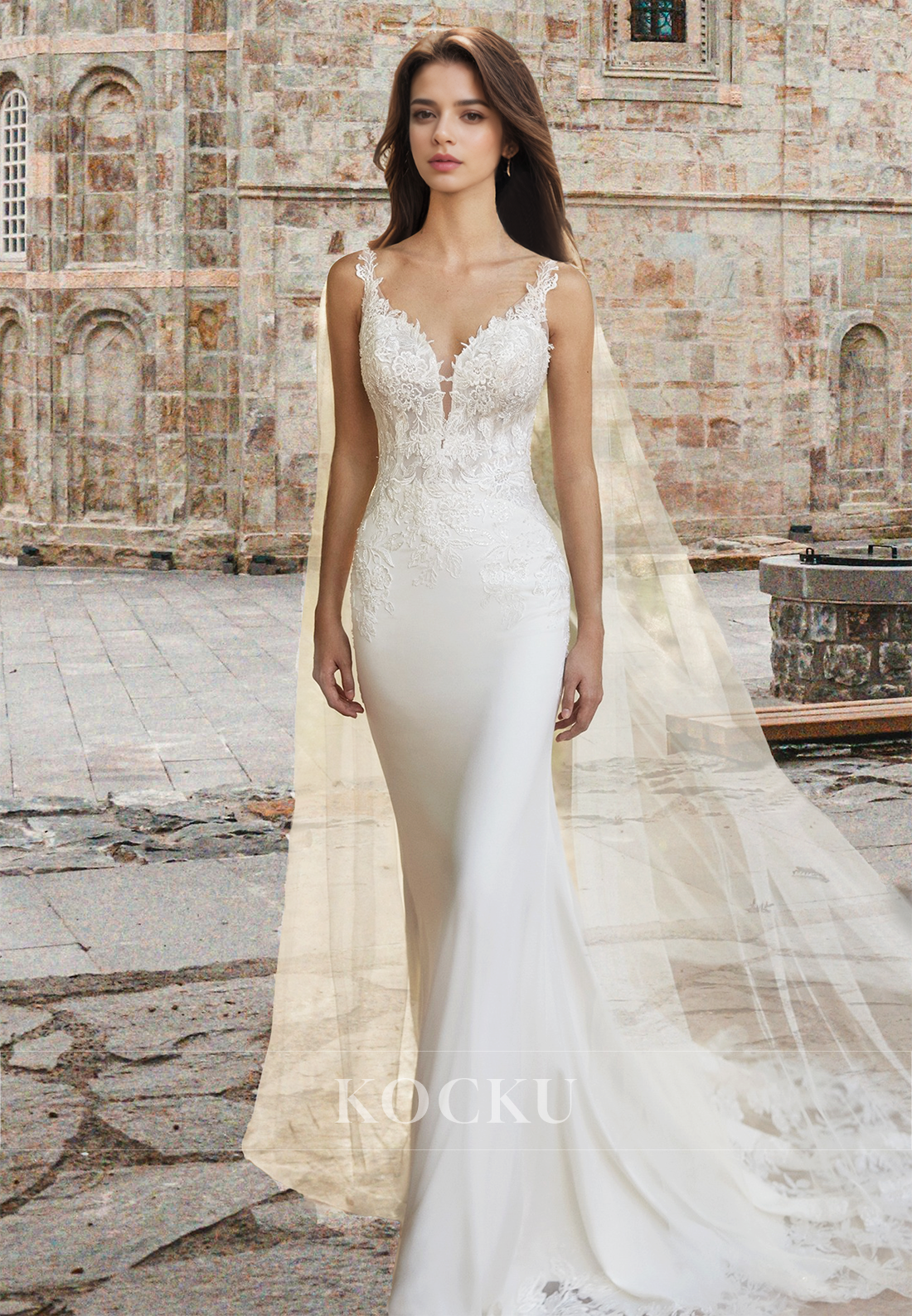 Romantic V-Neck Straps Sheath Sweep Train Satin Wedding Dress with Appliques Bridal Gown