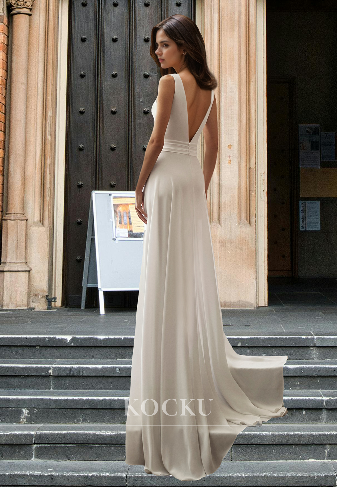 Bohemian A-Line V-Neck Straps Sleeveless Pleated Chiffon Beach Wedding Dress with Train