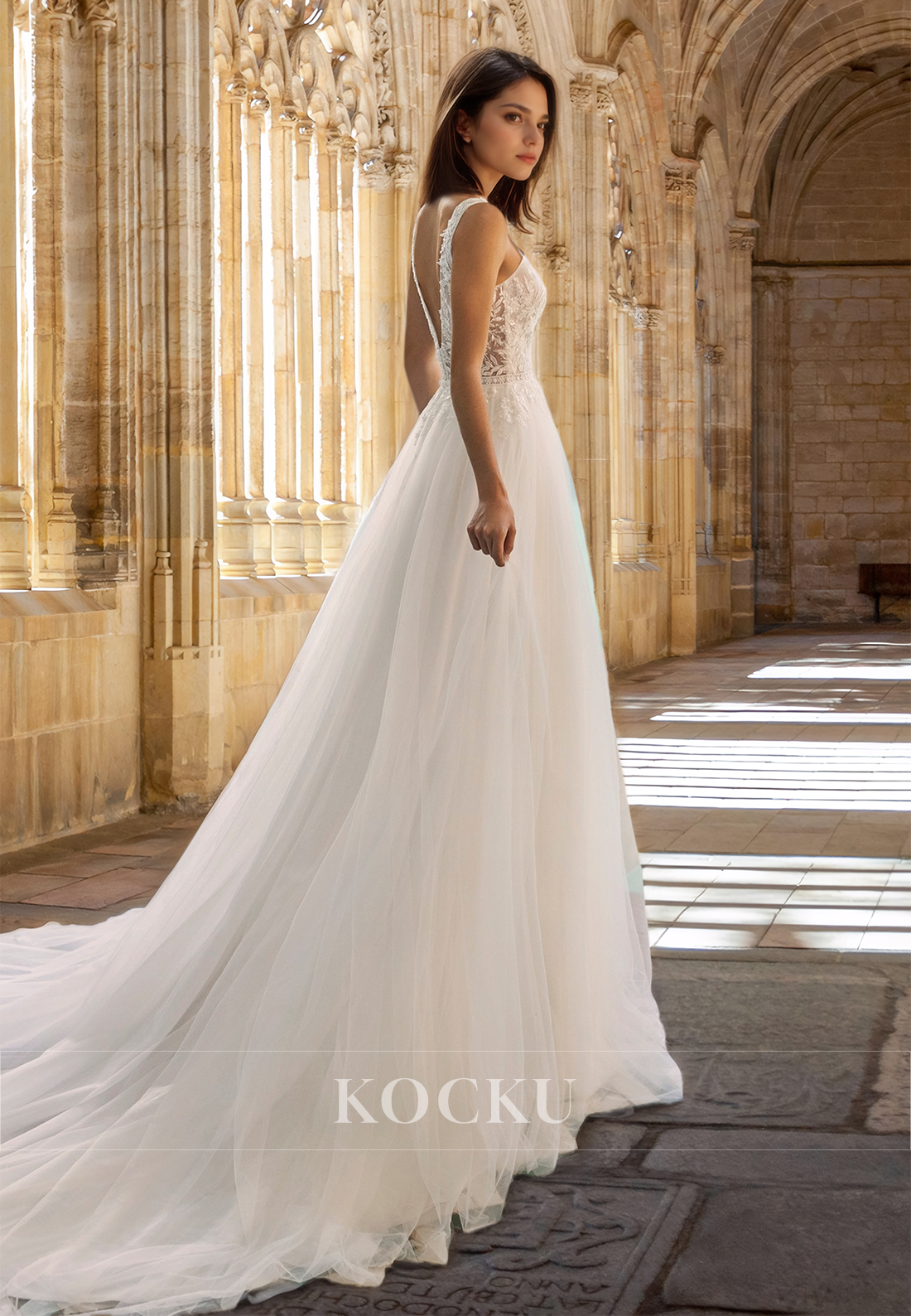 Graceful A-Line V-Neck Straps Brush Train Pleats Lace Beach Wedding Dress with Appliques