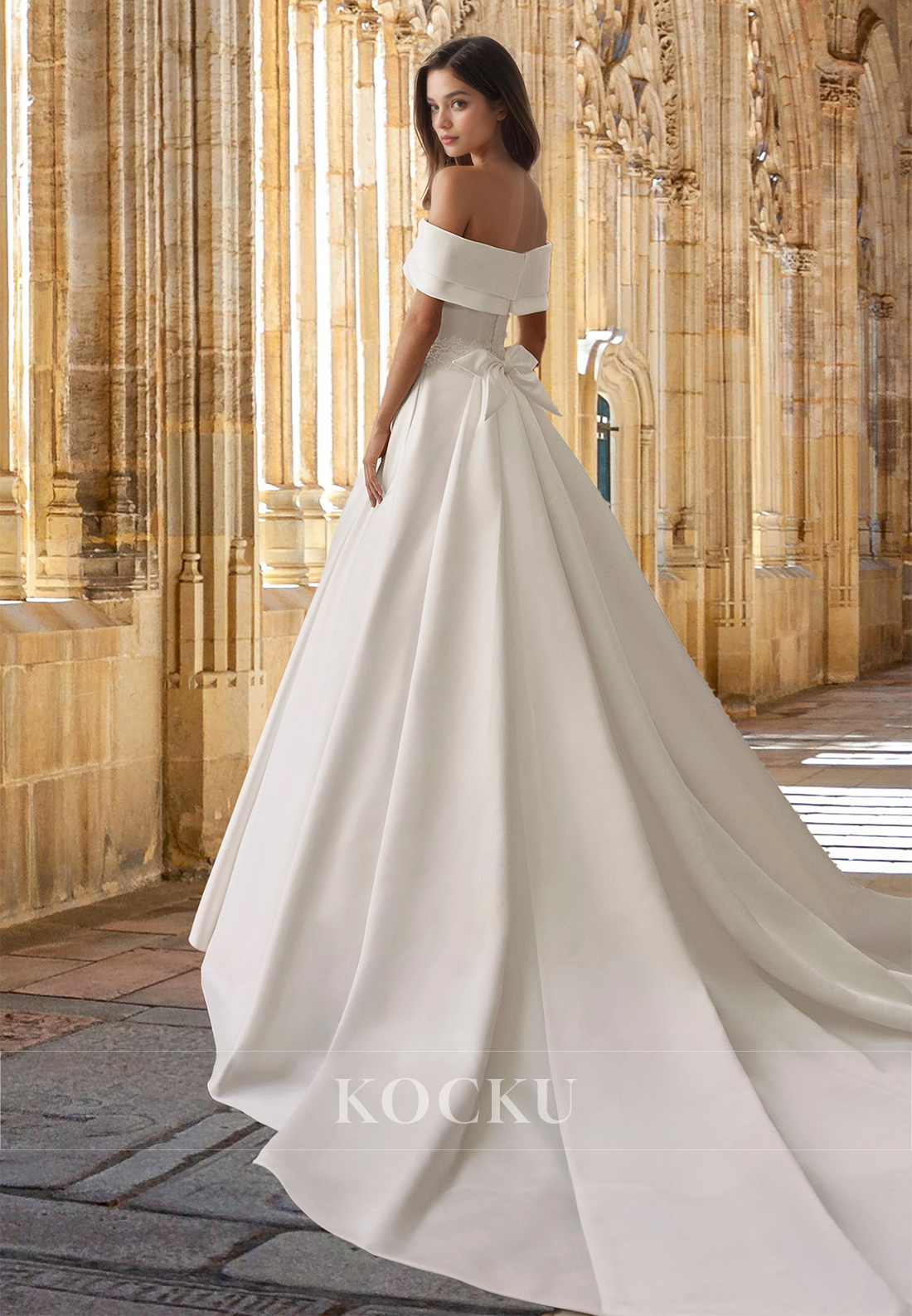 Elegant Off-Shoulder A-Line Sleeveless Appliques Satin Wedding Dress with Bows Bridal Gown