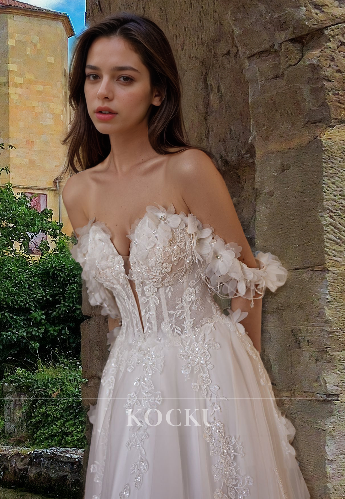 Bohemian A-Line Off Shoulder Sweep Train Appliques Lace Floral Wedding Dress with Beaded