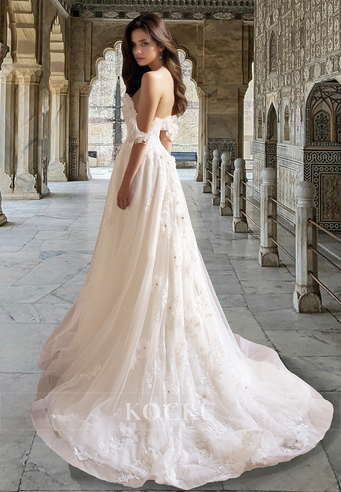Bohemian A-Line Off Shoulder Sweep Train Appliques Lace Floral Wedding Dress with Beaded
