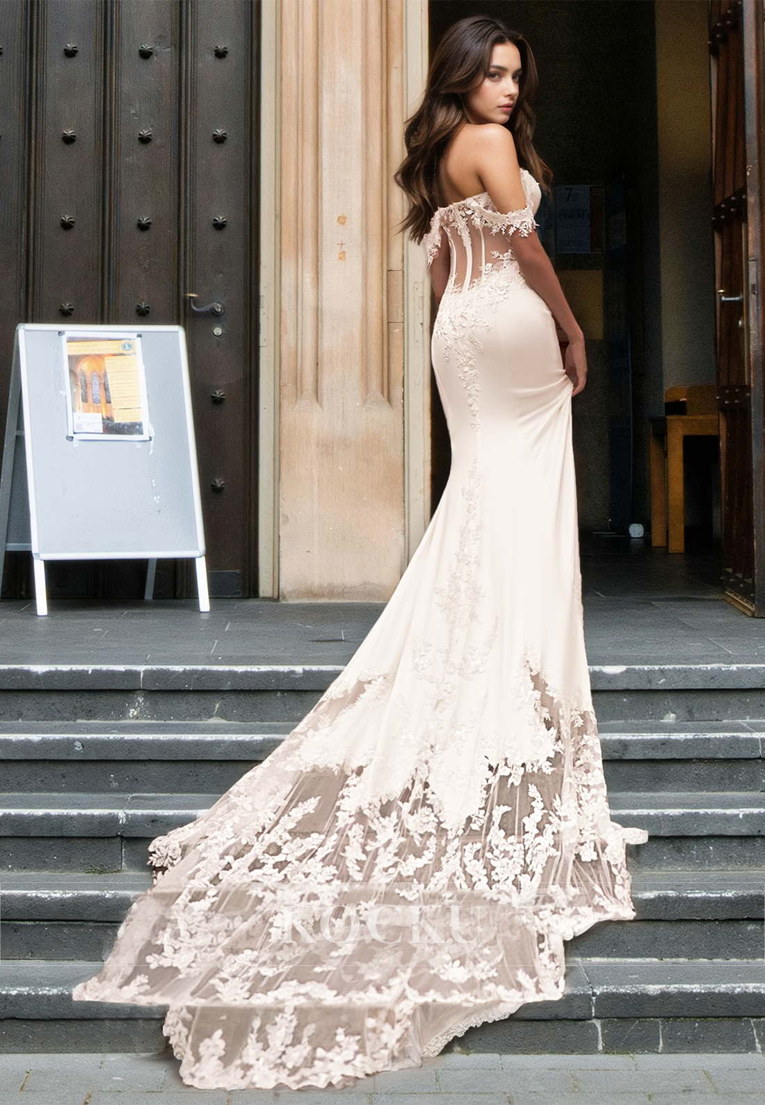 Glamorous Off Shoulder Sweetheart Mermaid Appliques Satin Bridal Gowns with Train