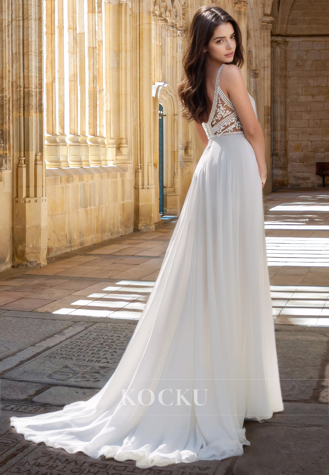 Sexy A-Line V-Neck Straps High Slit Lace Beach Wedding Dress with Appliques Boho Gown