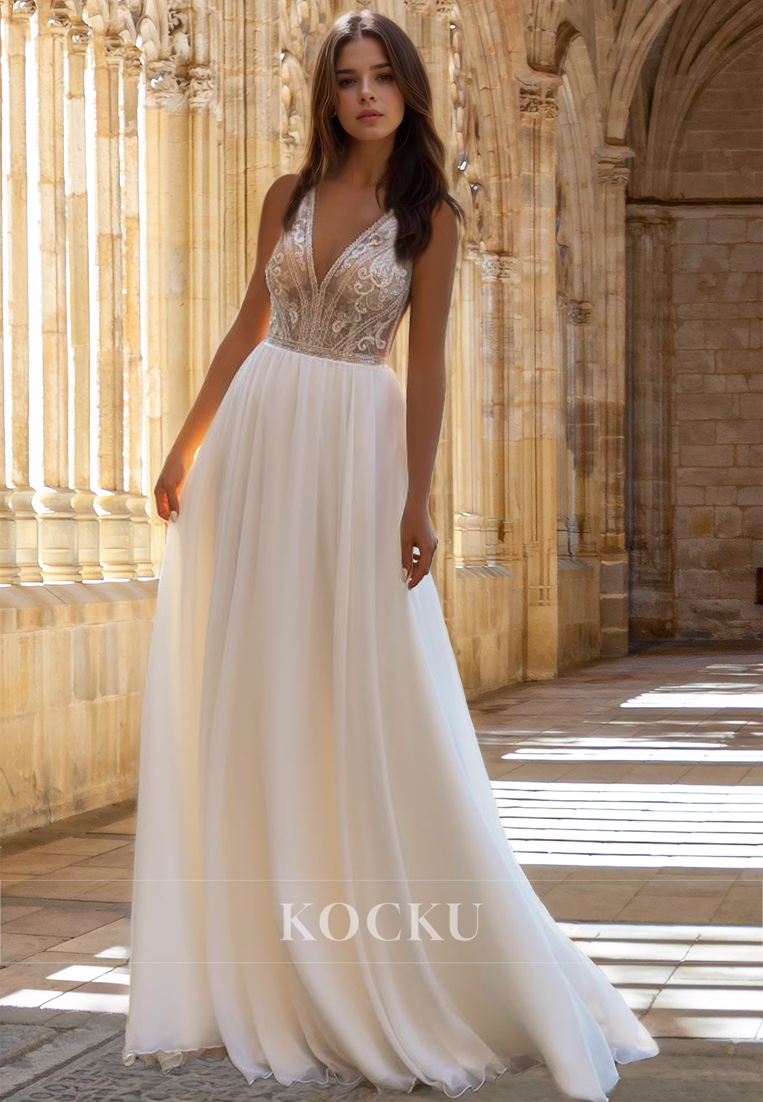 Bohemian A-Line V-Neck Straps Sleeveless Long Beach Wedding Dress with Appliques