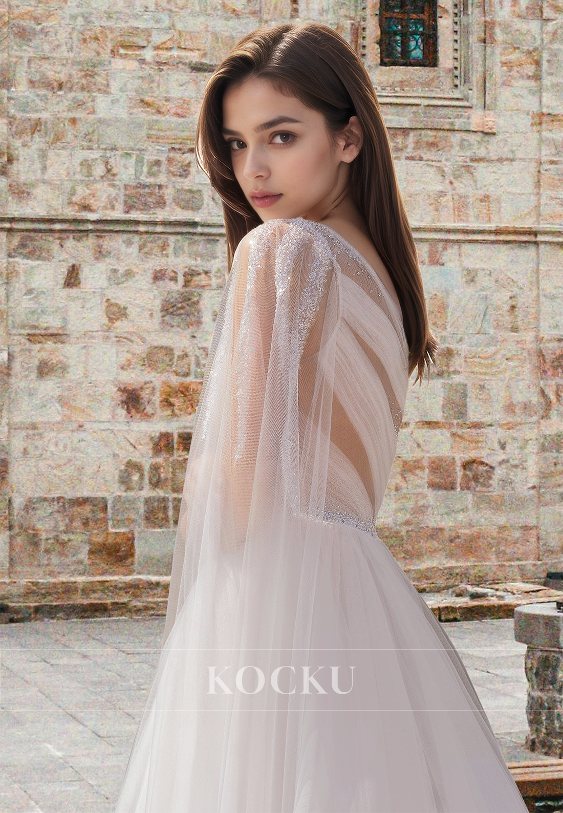 Beaded One Shoulder A-Line Pleated Lace Beach Wedding Dress Boho Gowns with Train