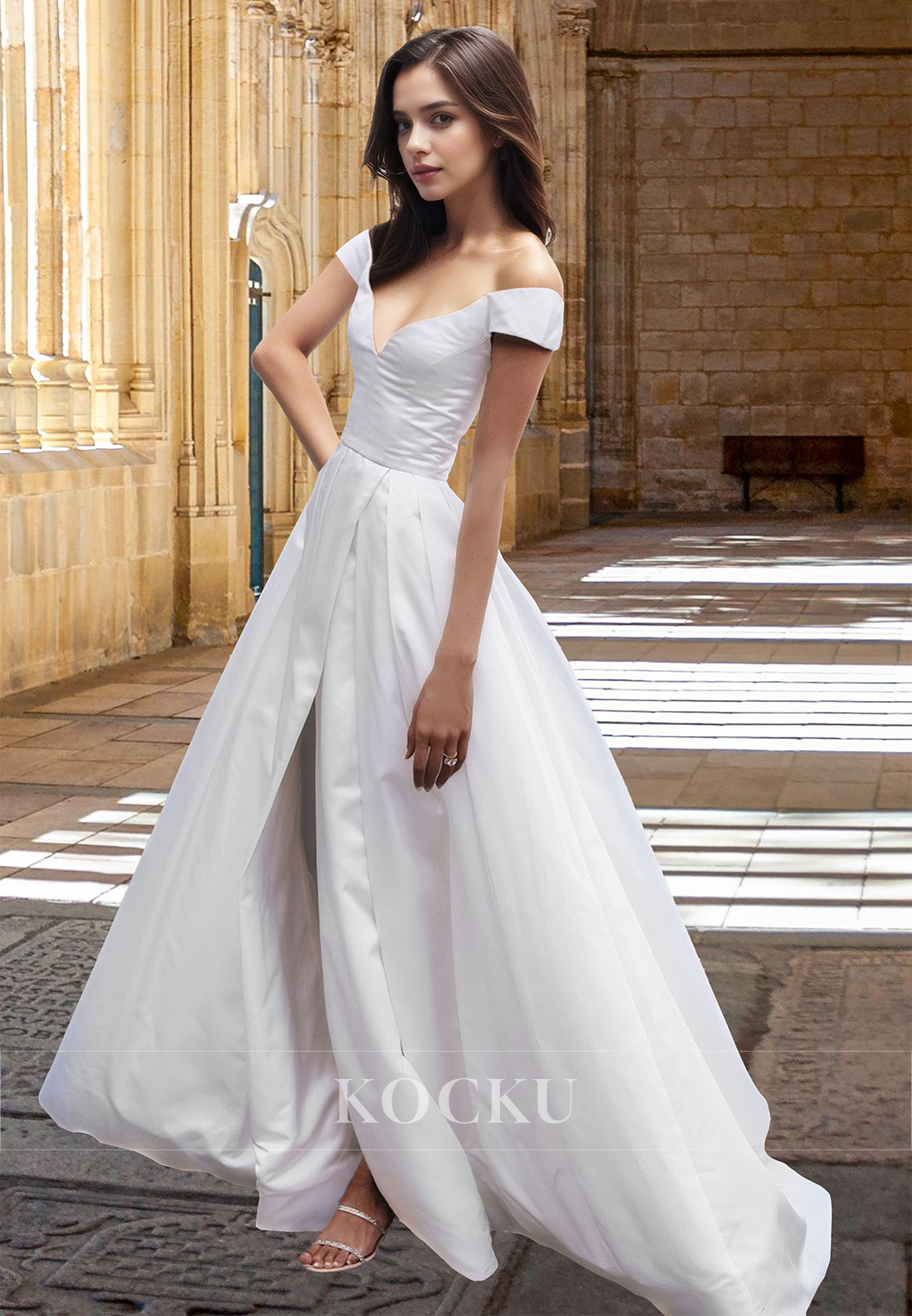 Elegant A-Line Off-Shoulder Sleeveless Long Pleated Satin Bridal Gowns with Slit Wedding Dress