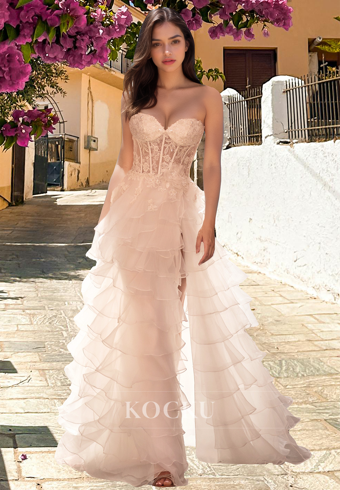 Glamorous A-Line Sweetheart Appliques Tiered Lace Beaded Formal Prom Gown with Floral