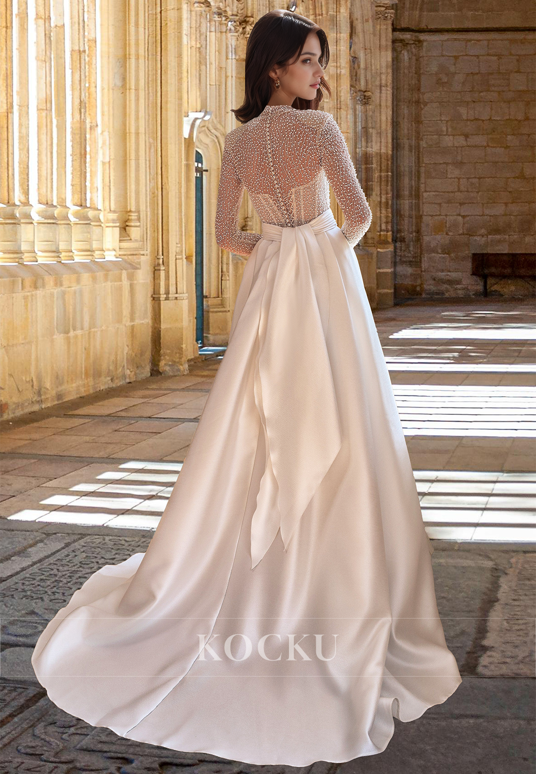 Beaded High Neck Long Sleeves Fitted Satin Beach Wedding Dress with Train Boho Gowns