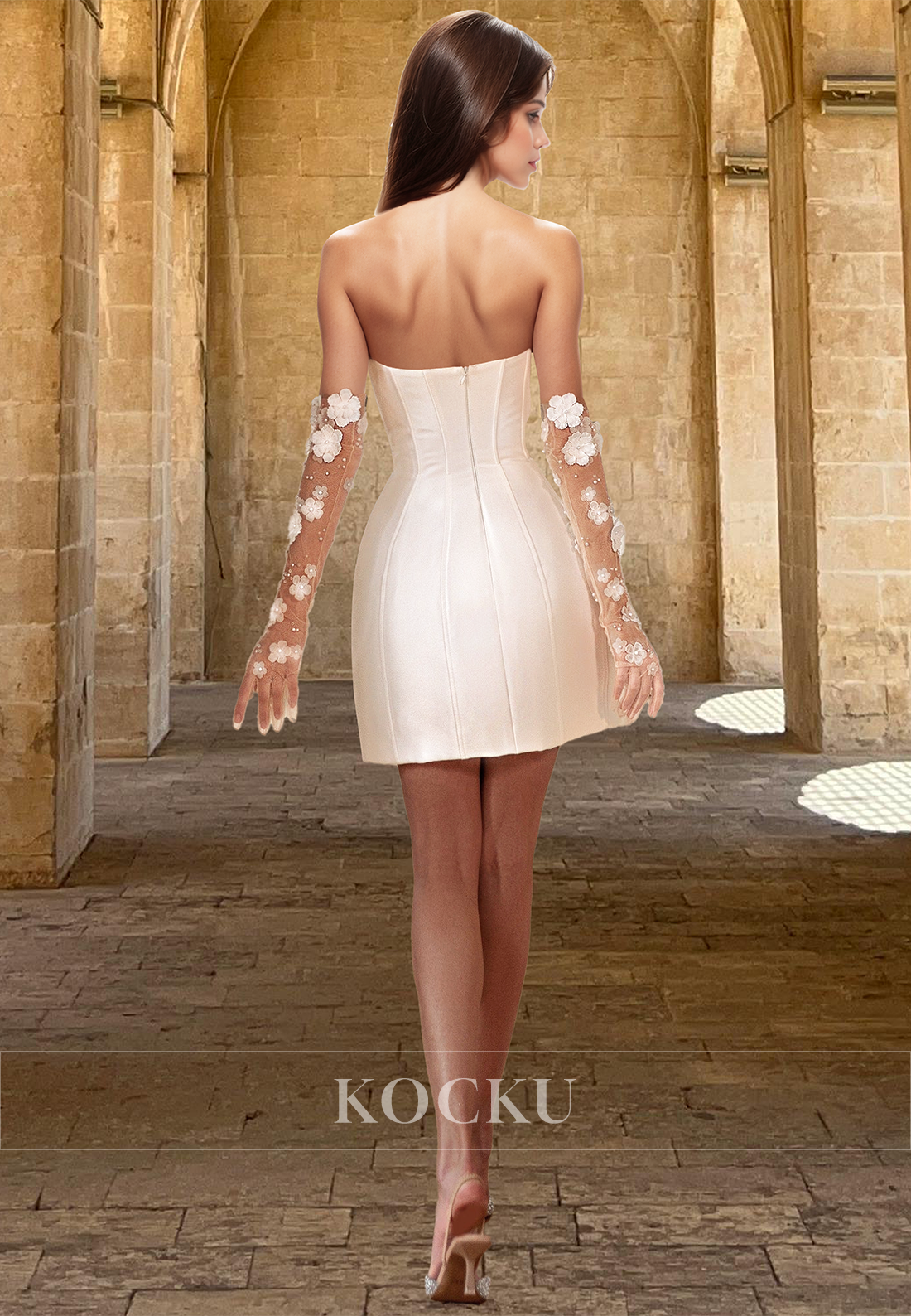 Bohemian Sweetheart Gloves Sheath Mini Satin Floral Beach Wedding Dress with Beads