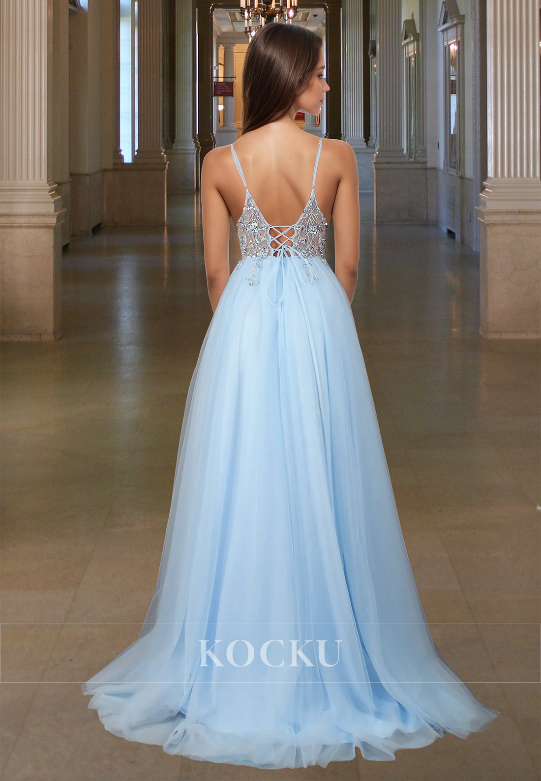 Graceful Spaghetti Straps A-Line V-Neck Side Slit Lace Prom Evening Dress with Beads