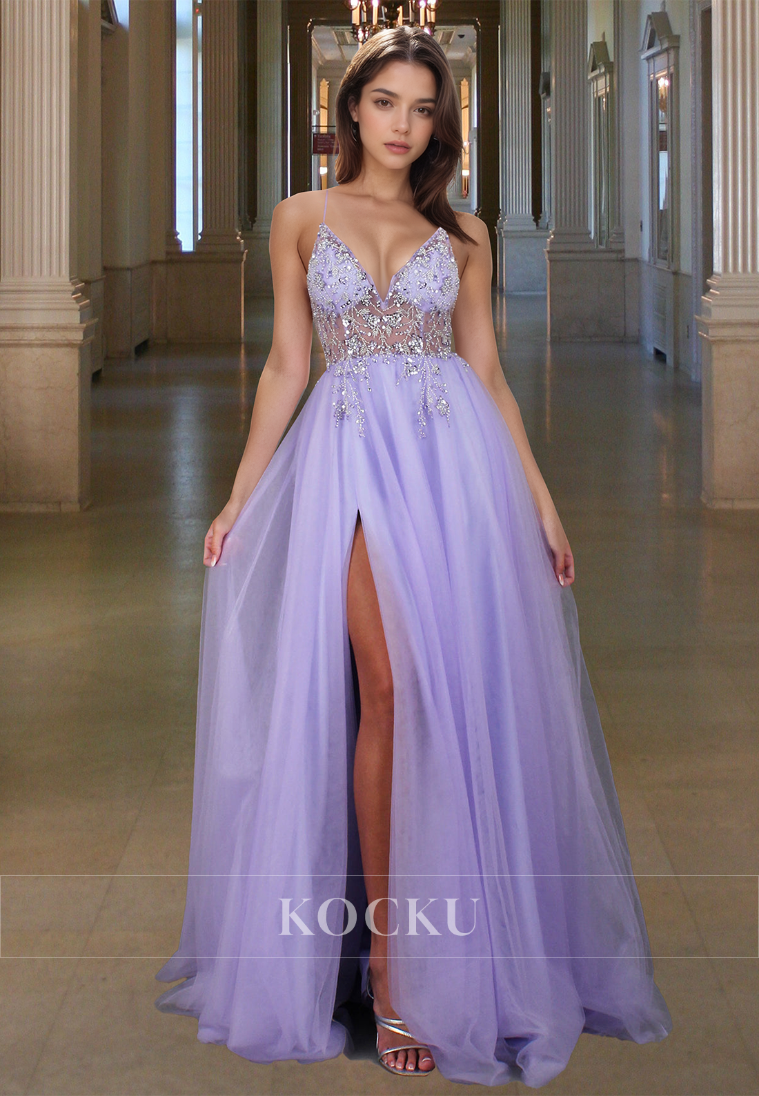 Graceful Spaghetti Straps A-Line V-Neck Side Slit Lace Prom Evening Dress with Beads