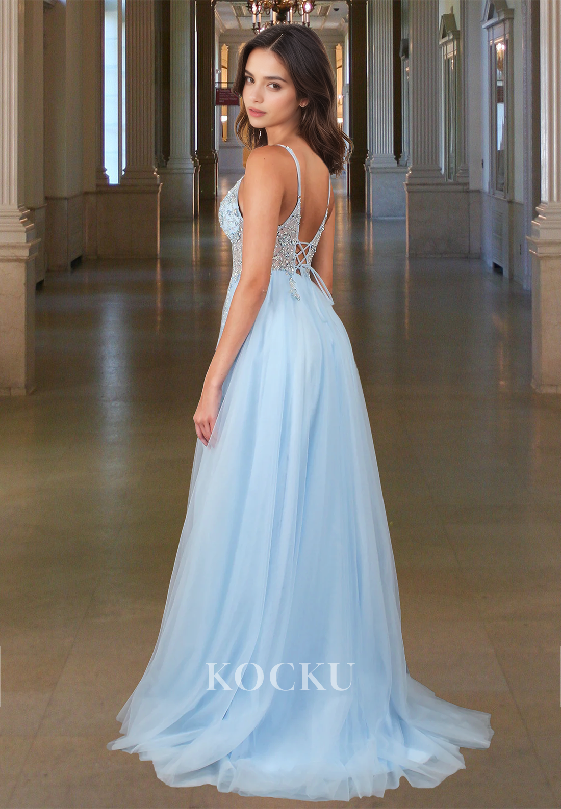Graceful Spaghetti Straps A-Line V-Neck Side Slit Lace Prom Evening Dress with Beads
