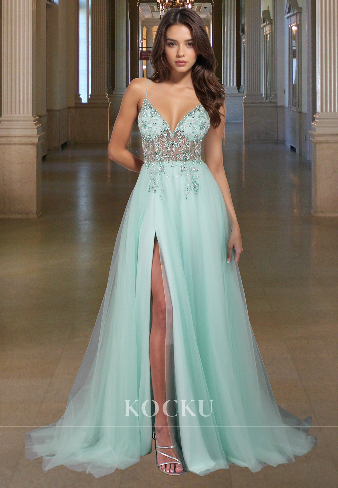 Graceful Spaghetti Straps A-Line V-Neck Side Slit Lace Prom Evening Dress with Beads