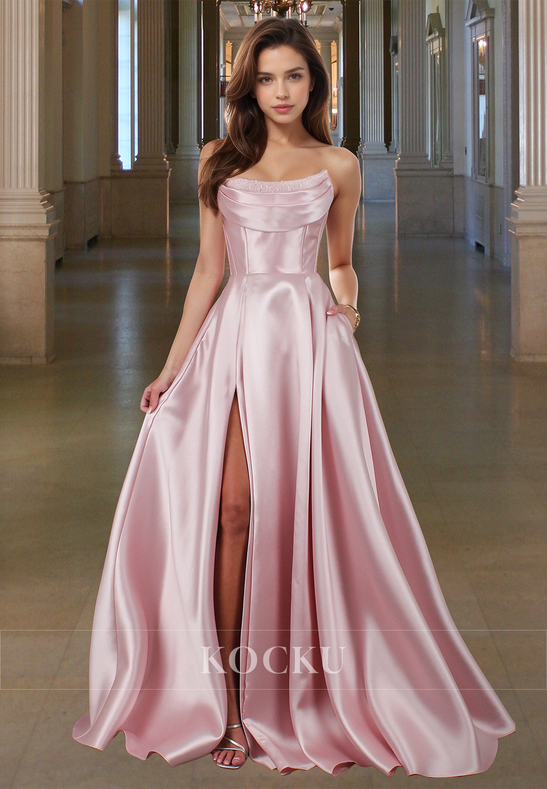 Glamorous A-Line Tube Top Beaded Pleated Satin Prom Dress with Pockets Party Gown