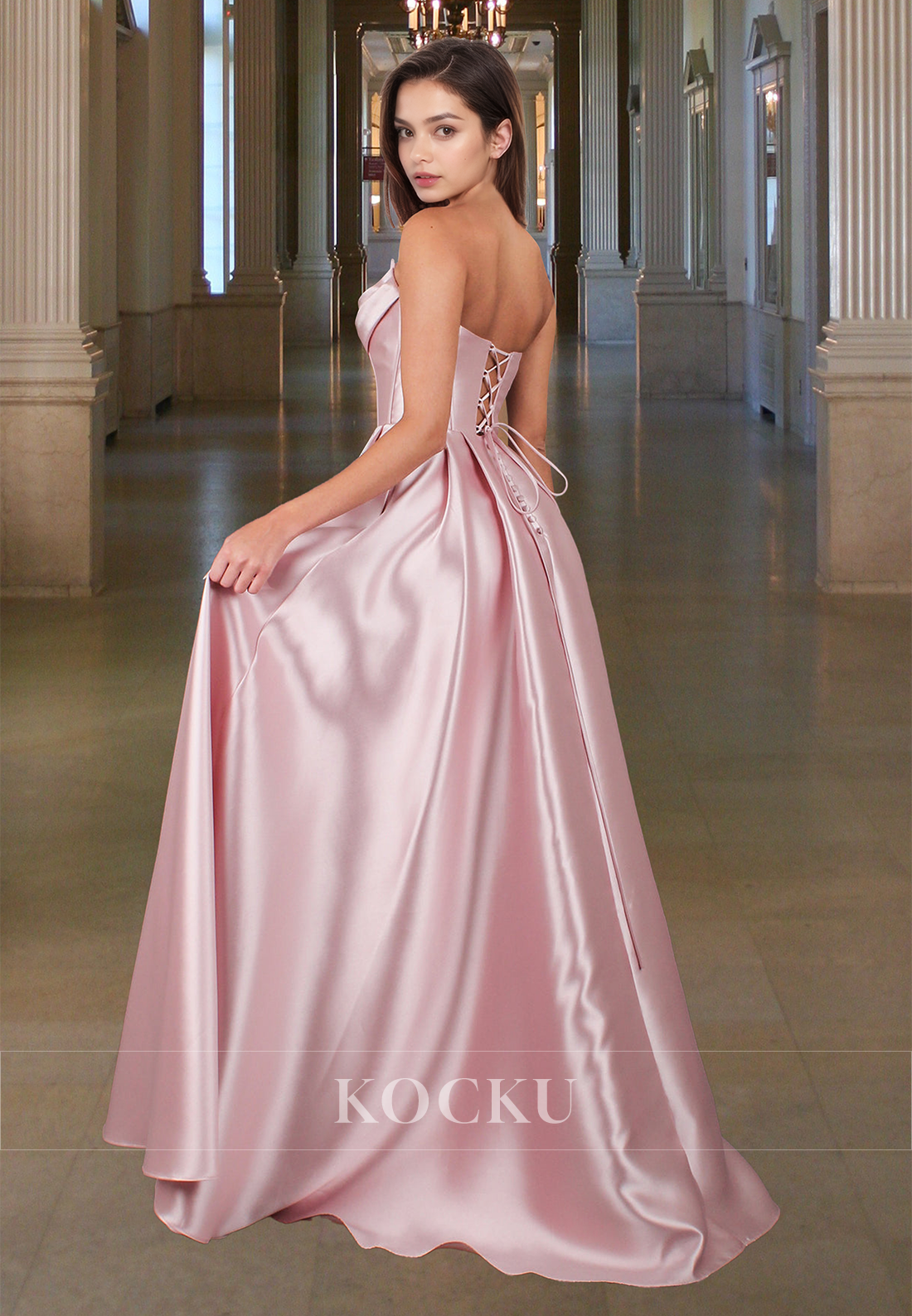 Glamorous A-Line Tube Top Beaded Pleated Satin Prom Dress with Pockets Party Gown