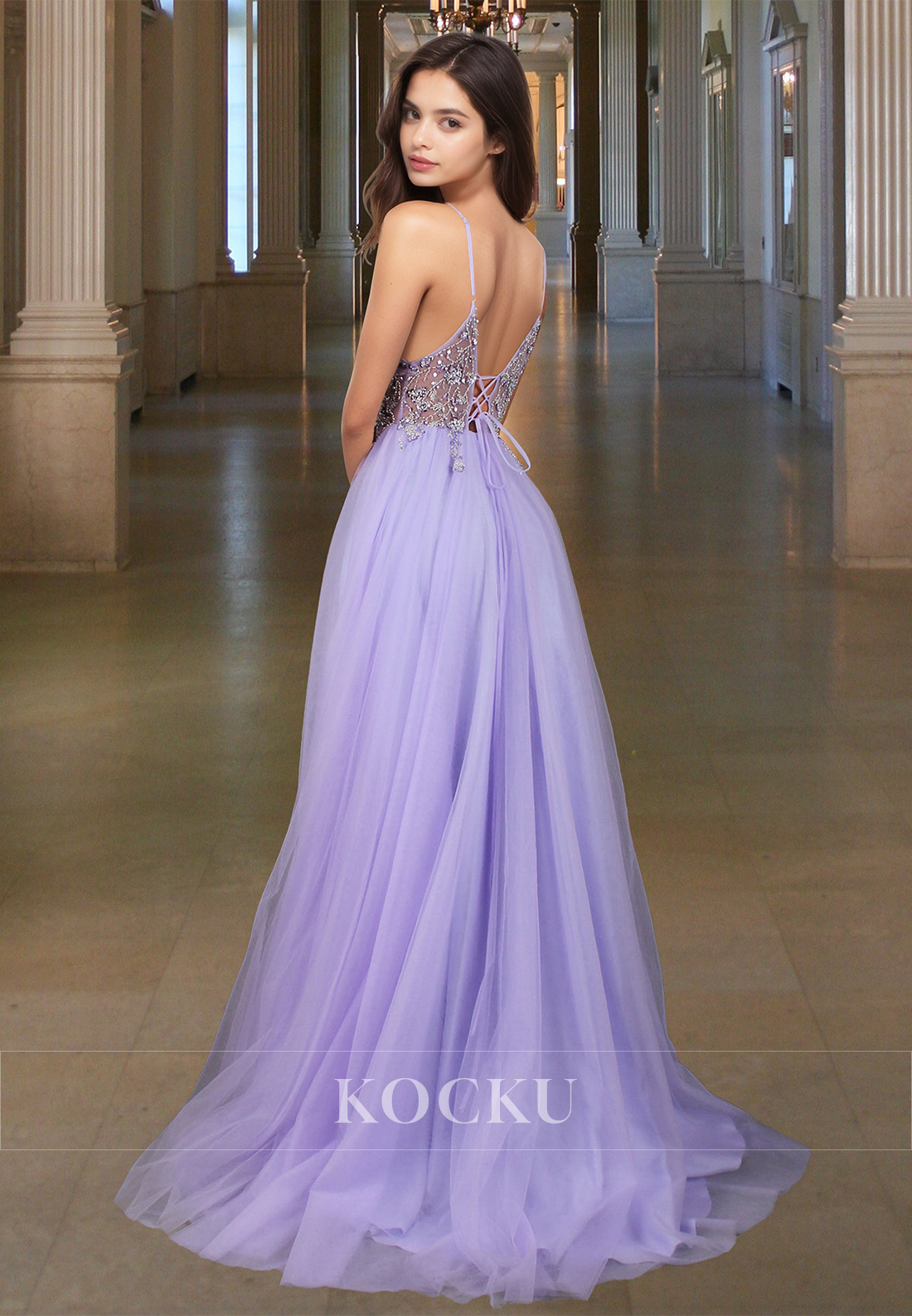 Graceful Spaghetti Straps A-Line V-Neck Side Slit Lace Prom Evening Dress with Beads