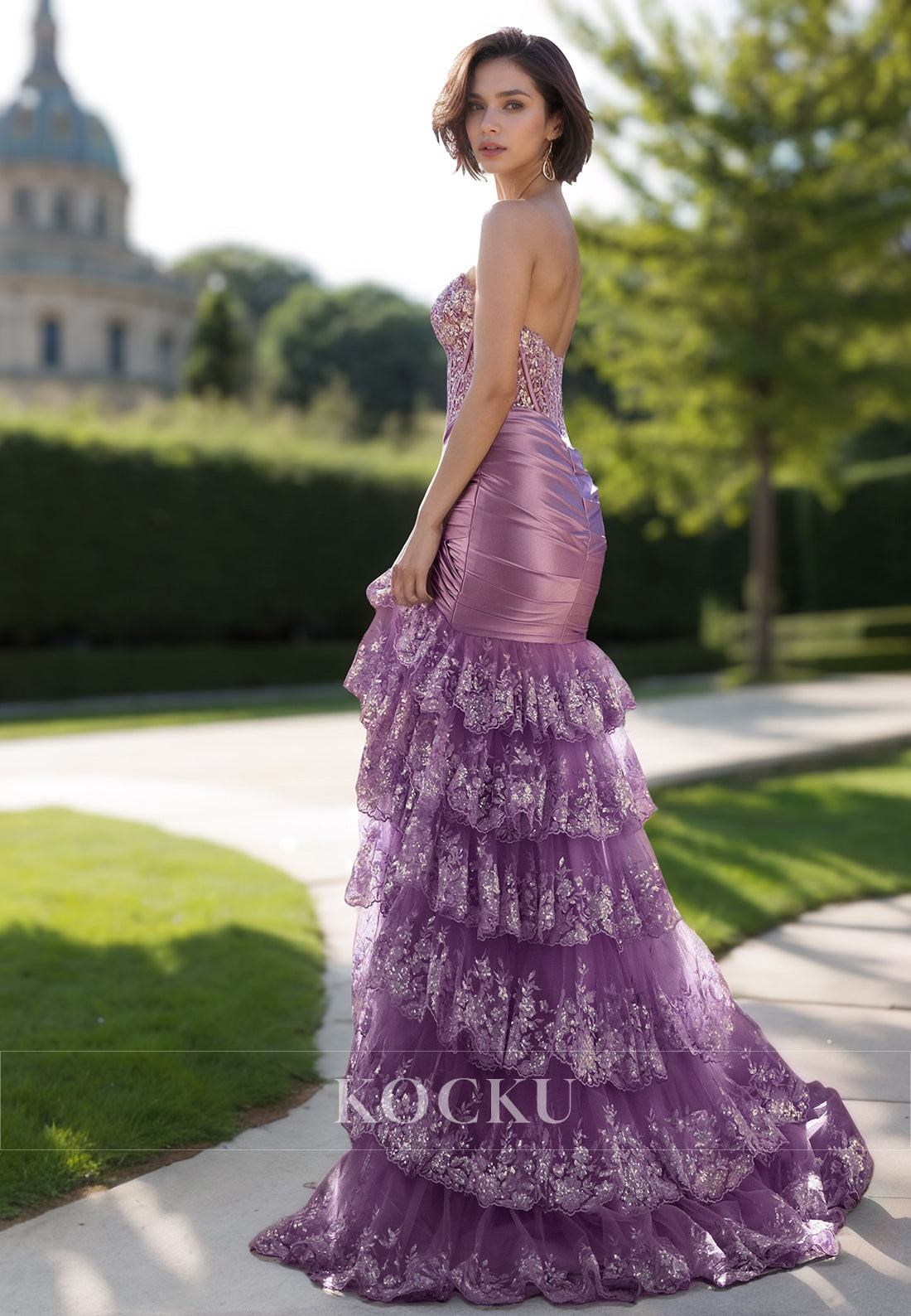 Glamorous Sweetheart Sheath Prom Dress Side Slit Pleats Lace Party Gowns with Appliques