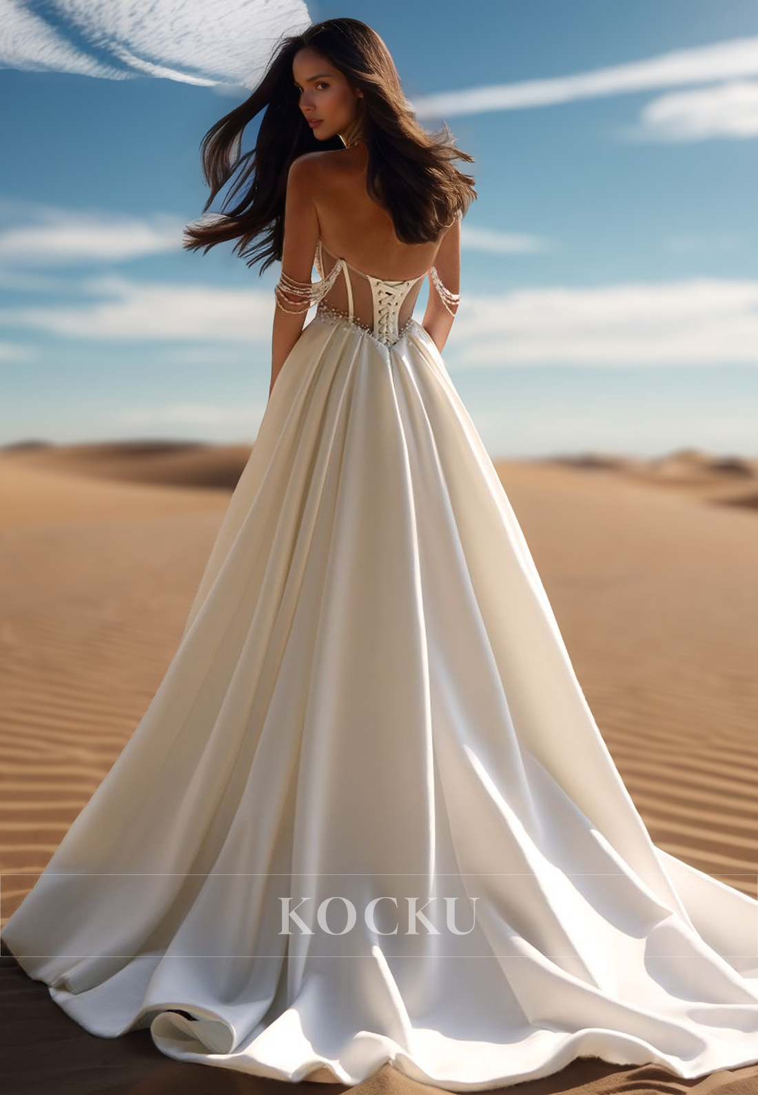 Romantic Off-Shoulder Sweetheart A-Line Pleats Satin Bridal Wedding Gowns with Beaded