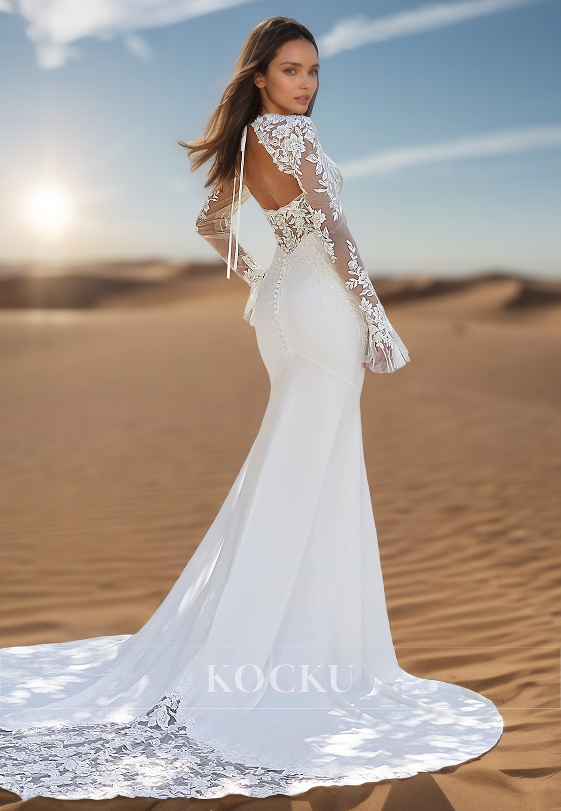 Unique Square Neckline Lace Appliques Long Sleeves Mermaid Wedding Dress