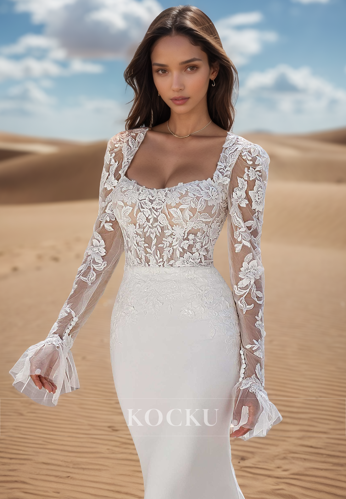 Unique Square Neckline Lace Appliques Long Sleeves Mermaid Wedding Dress