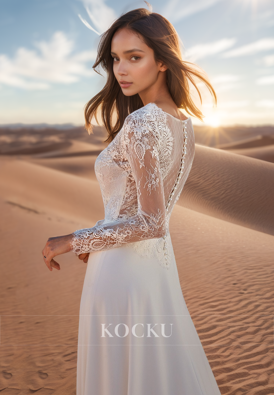 A Line V Neck Lace Long Sleeves Beach Wedding Dress